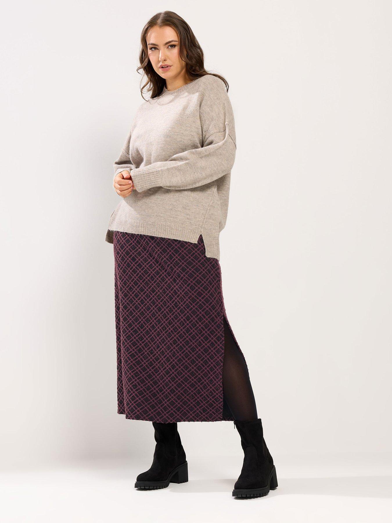 Image 3 of 4 of Yours Curve Midi Ponte Check Print Skirt - Red