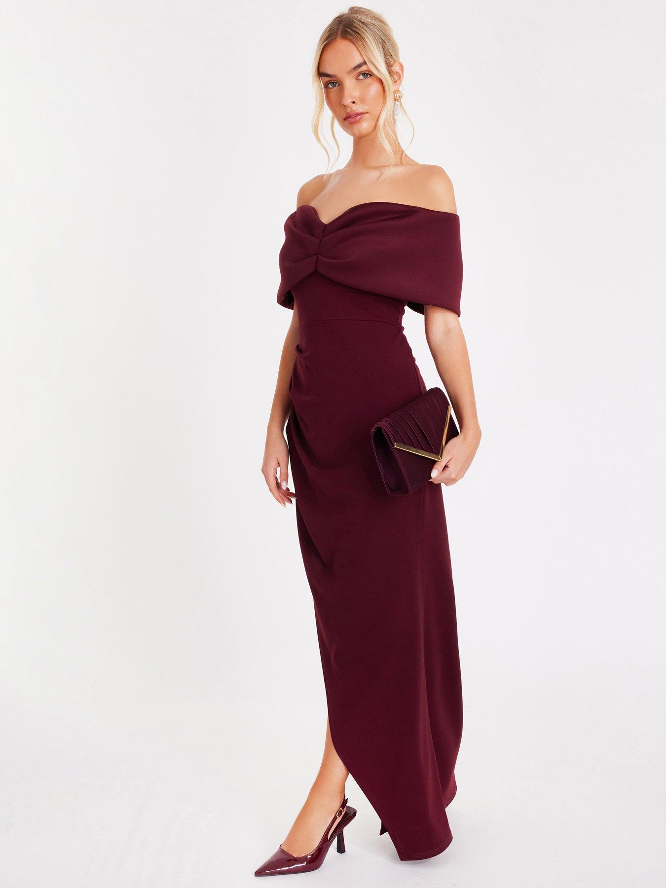 Quiz Dark Red Bardot Wrap Maxi Dress