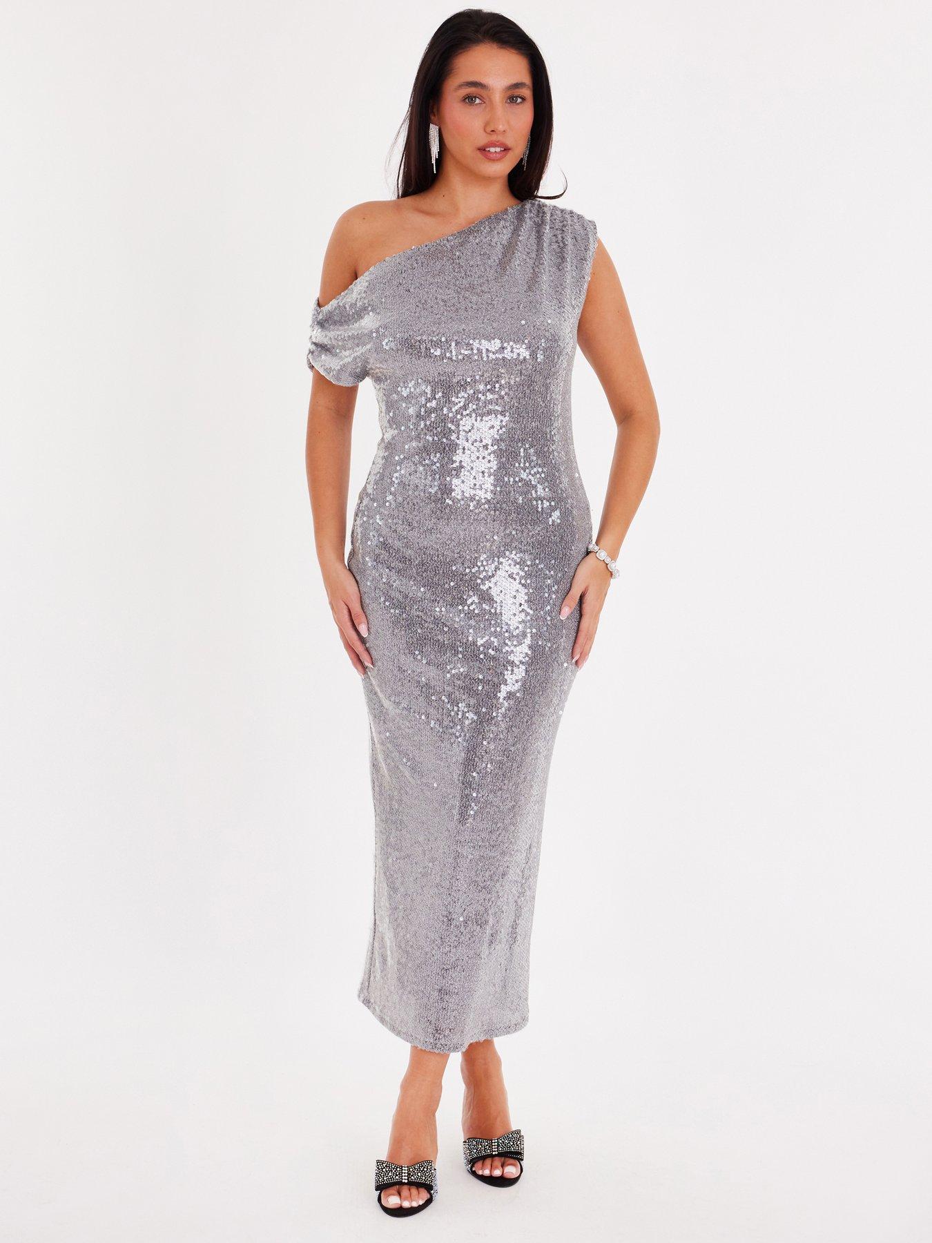 Quiz Silver Sequin Drop Sleeve Midaxi Dress