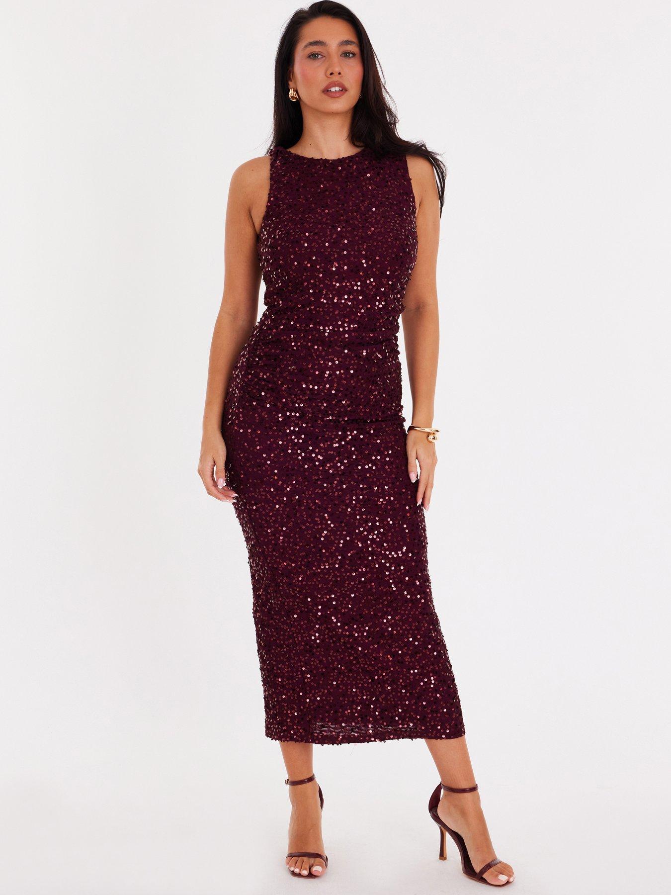 Image 1 of 6 of Quiz Berry Sequin Ruched Midaxi Dress
