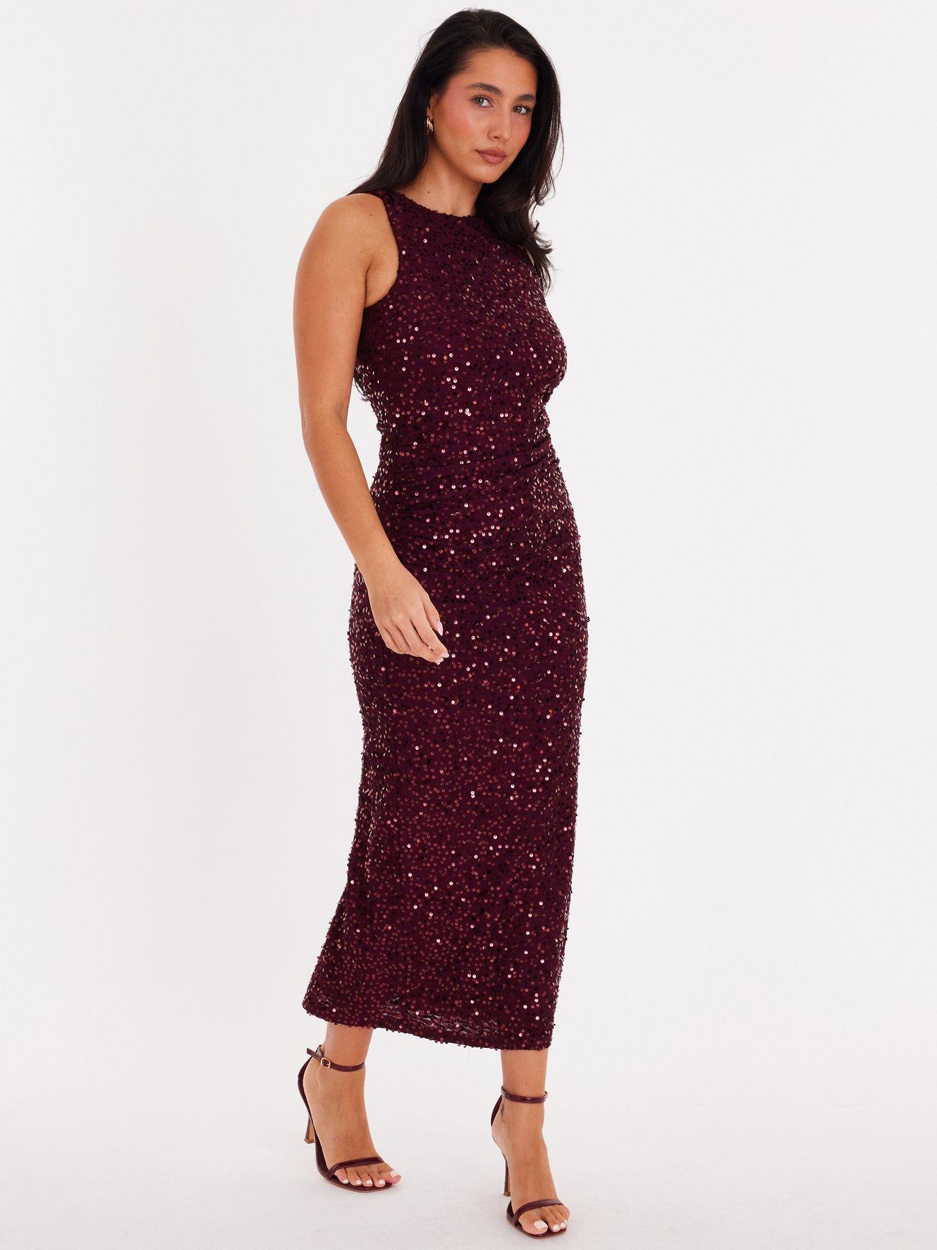 Image 3 of 6 of Quiz Berry Sequin Ruched Midaxi Dress