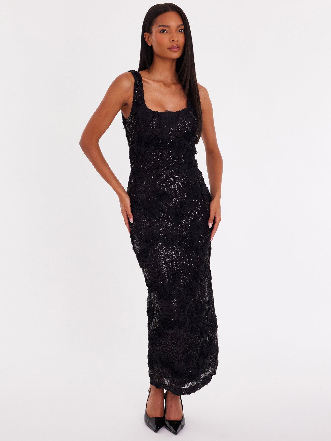 Quiz Black Sequin Applique Midaxi Dress