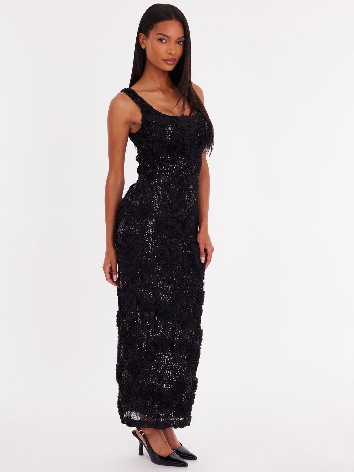 Image 3 of 6 of Quiz Black Sequin Applique Midaxi Dress