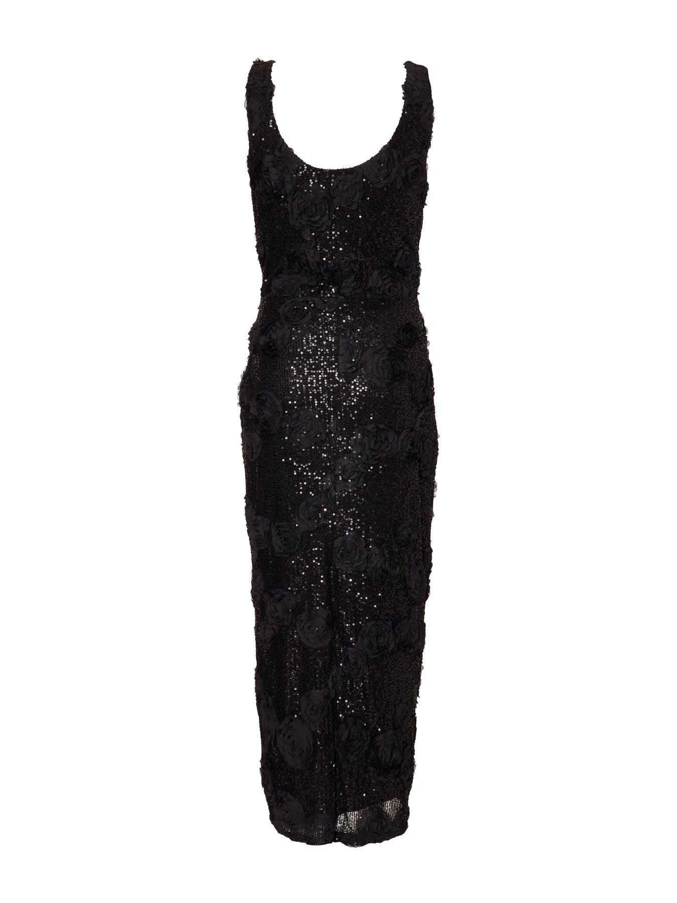 Image 4 of 6 of Quiz Black Sequin Applique Midaxi Dress