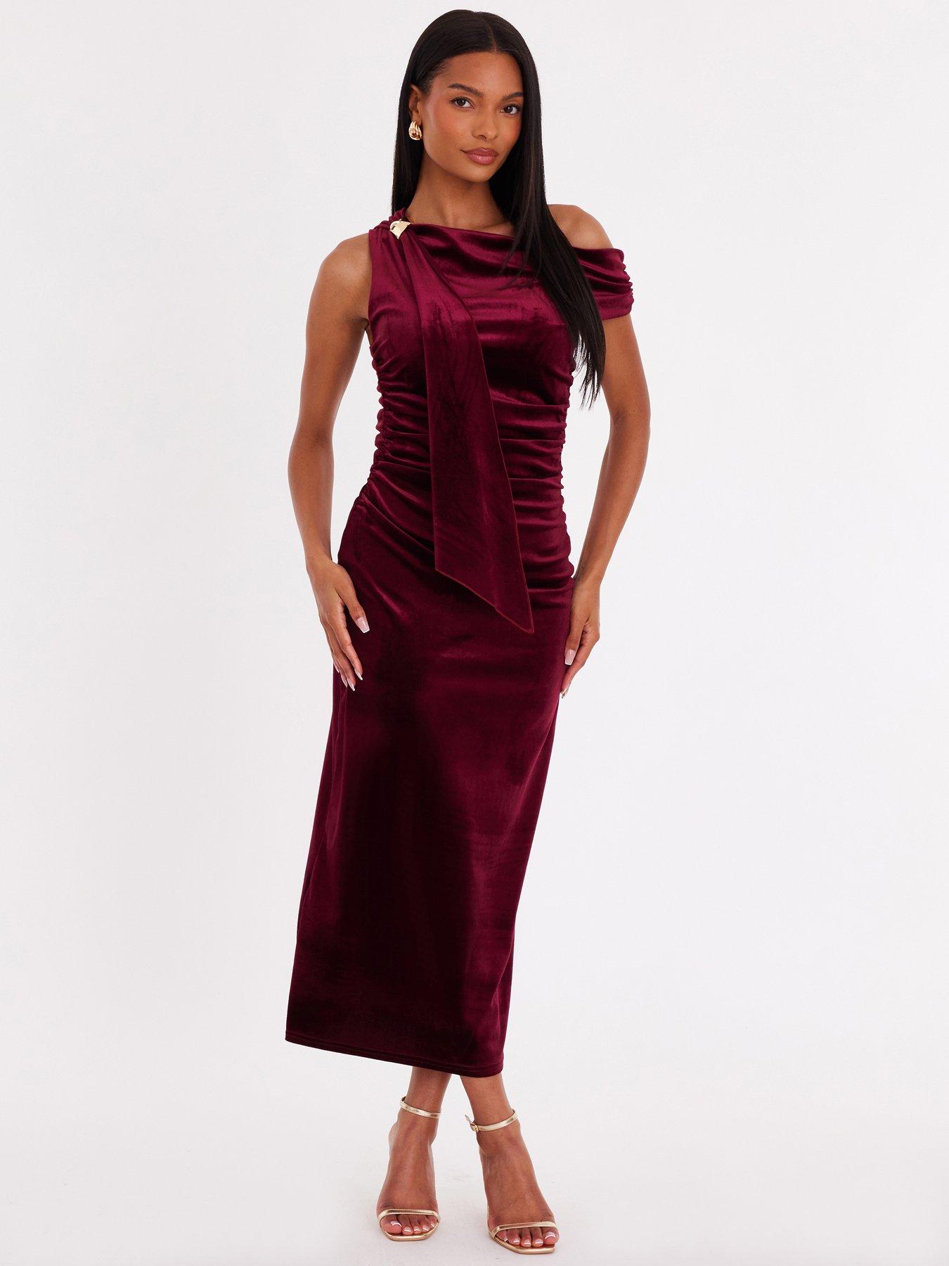 Quiz Burgundy Velvet Sash Detail Midaxi Dress