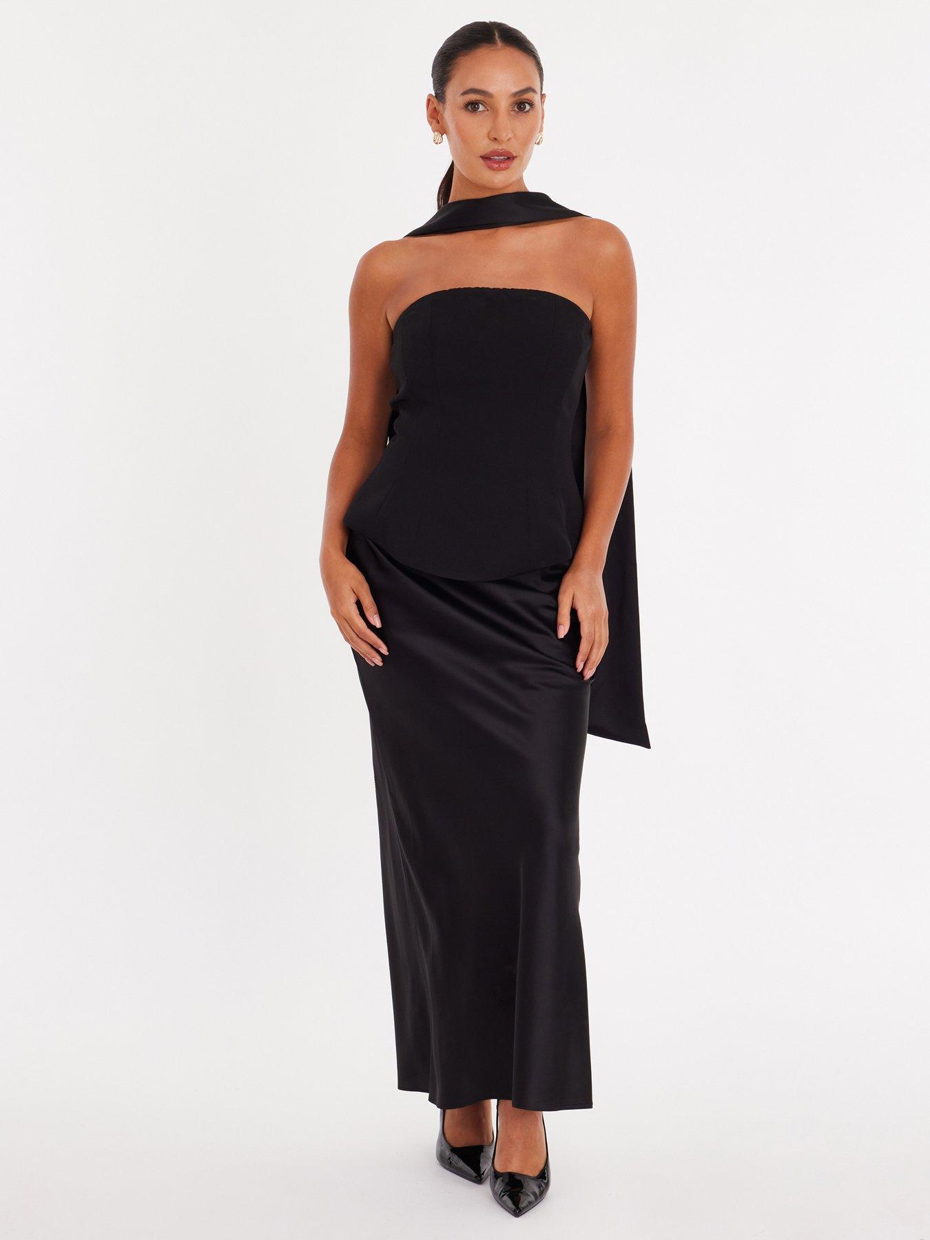 front image of quiz-petite-black-satin-hem-midaxi-dress