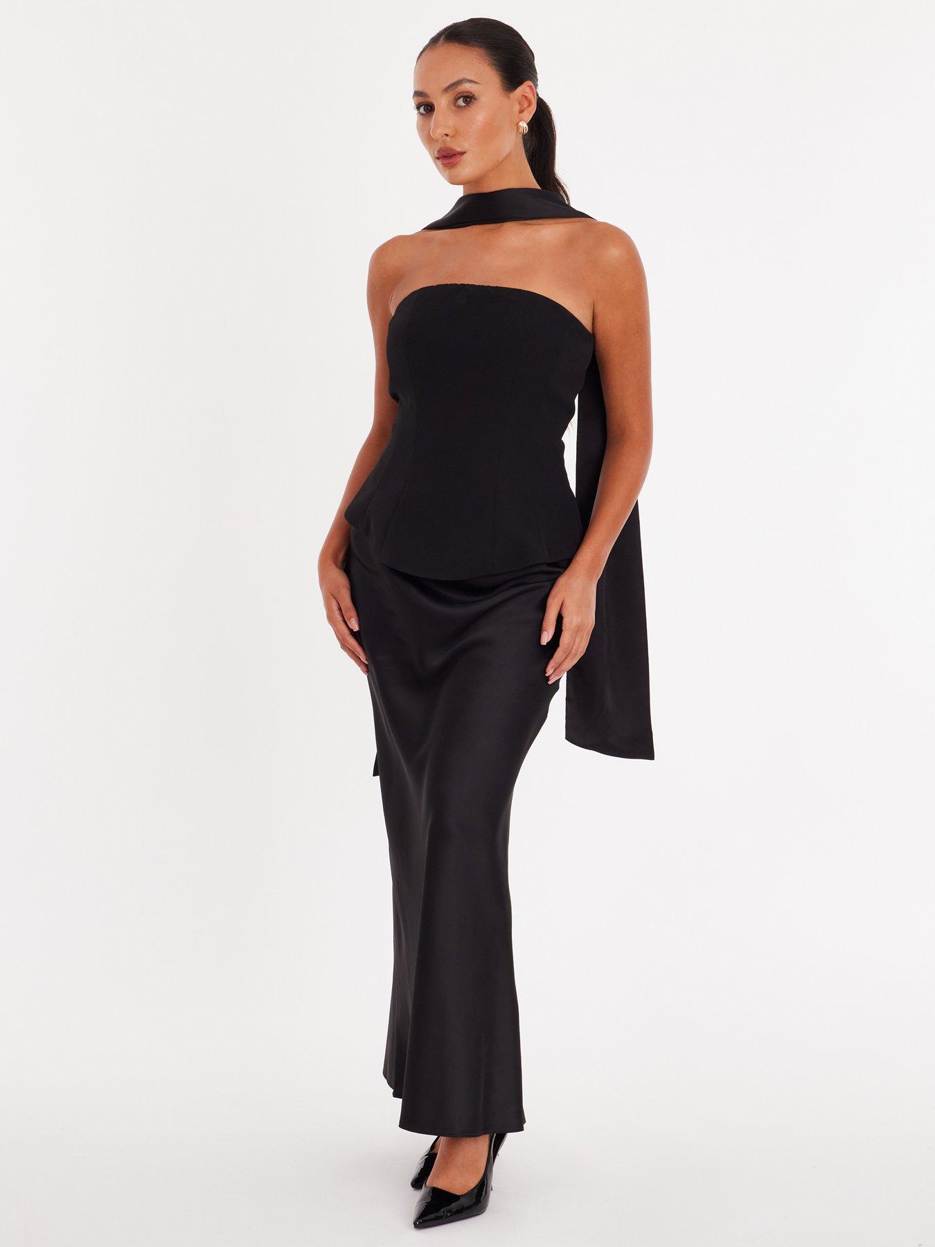  image of quiz-petite-black-satin-hem-midaxi-dress