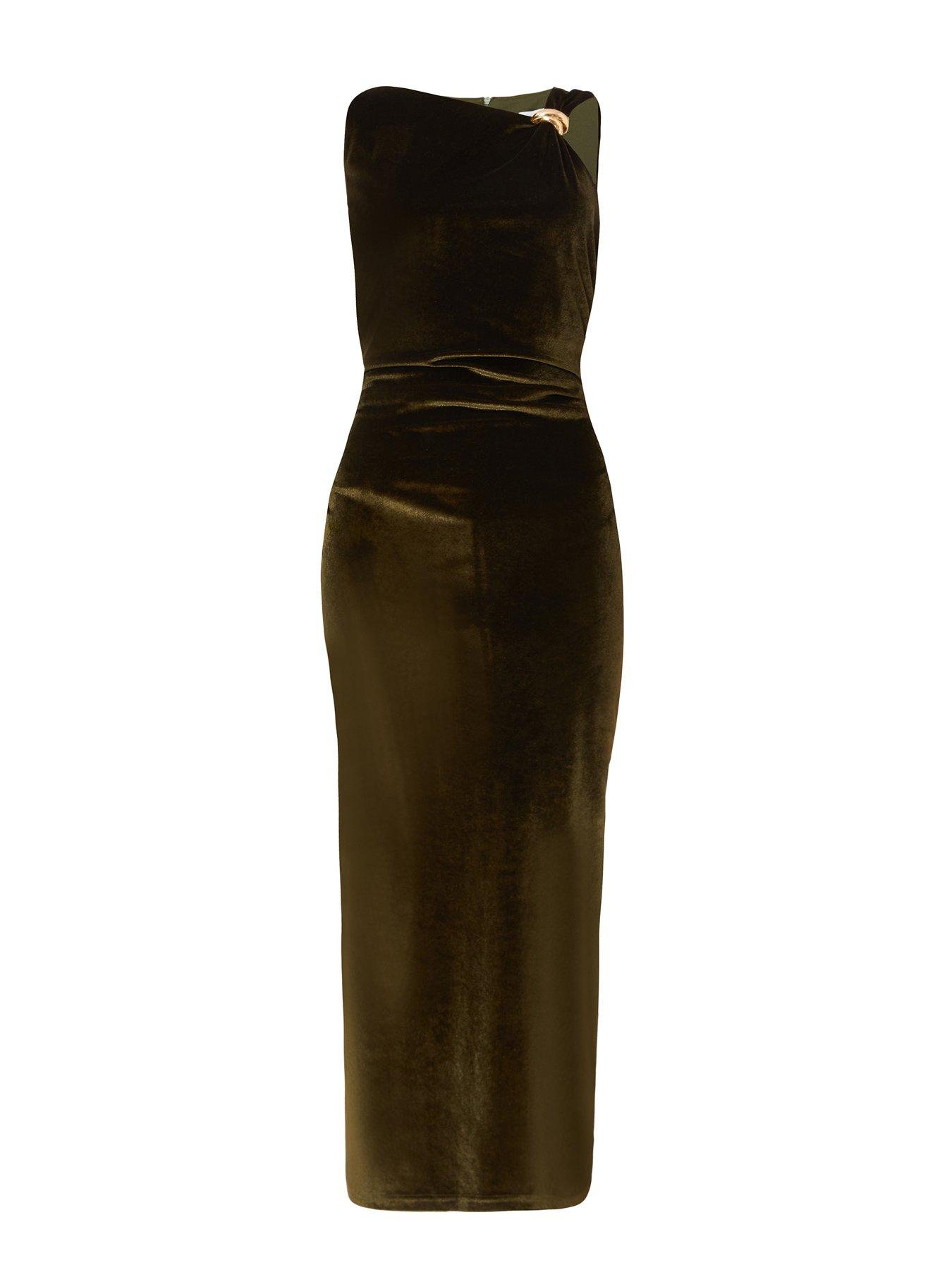  image of quiz-olive-velvet-sleeveless-midaxi-dress
