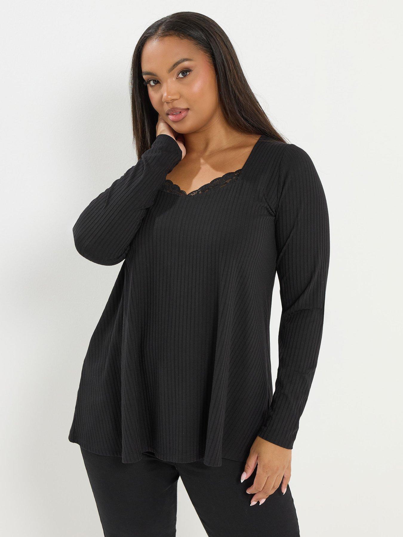 front image of yours-curve-lace-insert-rib-top-black
