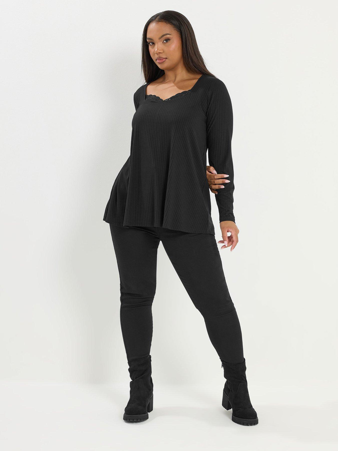  image of yours-curve-lace-insert-rib-top-black