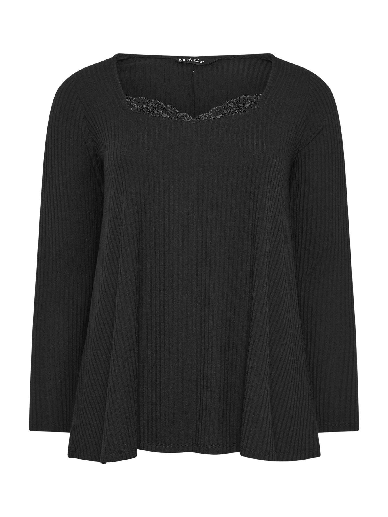  image of yours-curve-lace-insert-rib-top-black