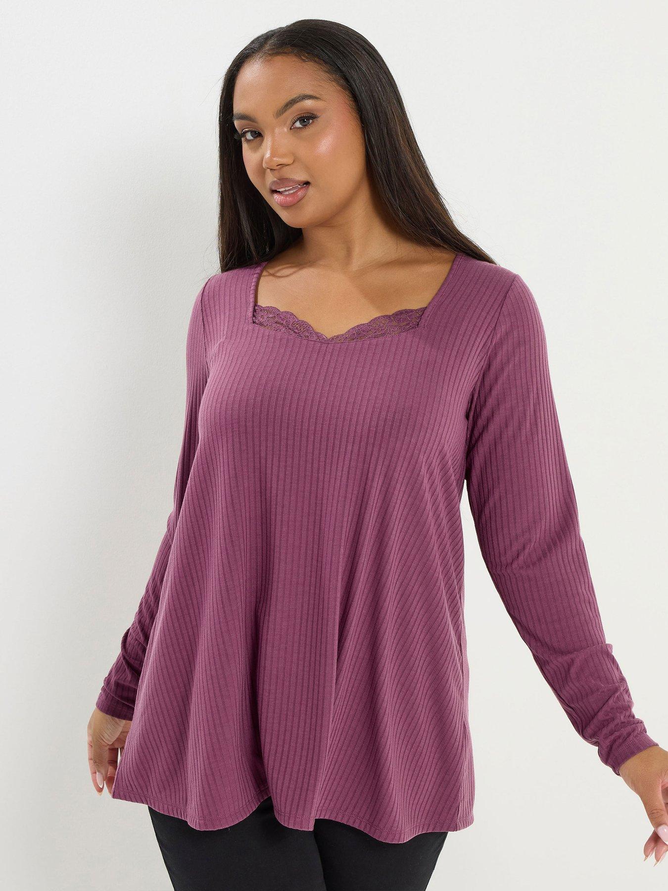 Image 1 of 5 of Yours Curve Lace Insert Rib Top - Pink
