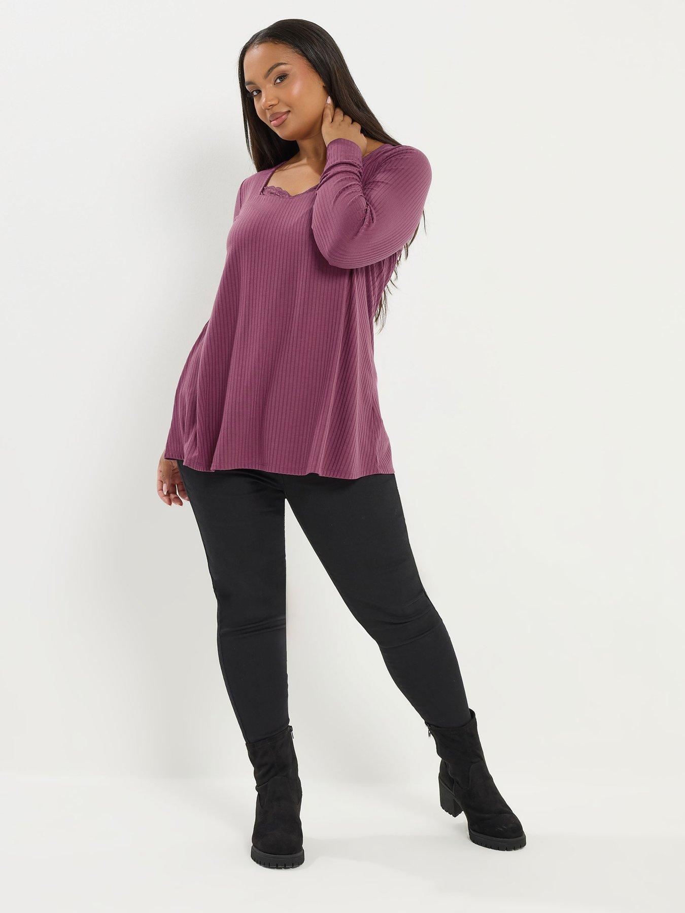 Image 3 of 5 of Yours Curve Lace Insert Rib Top - Pink