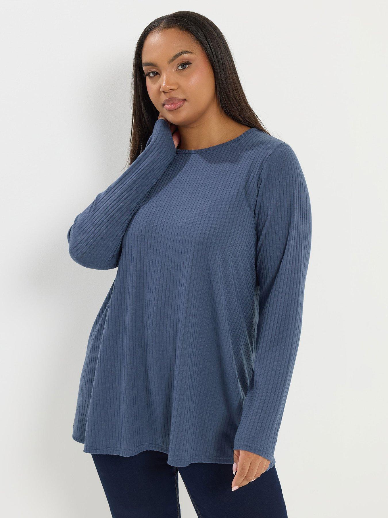 Yours Curve Long Sleeve Rib Swing Top - Blue