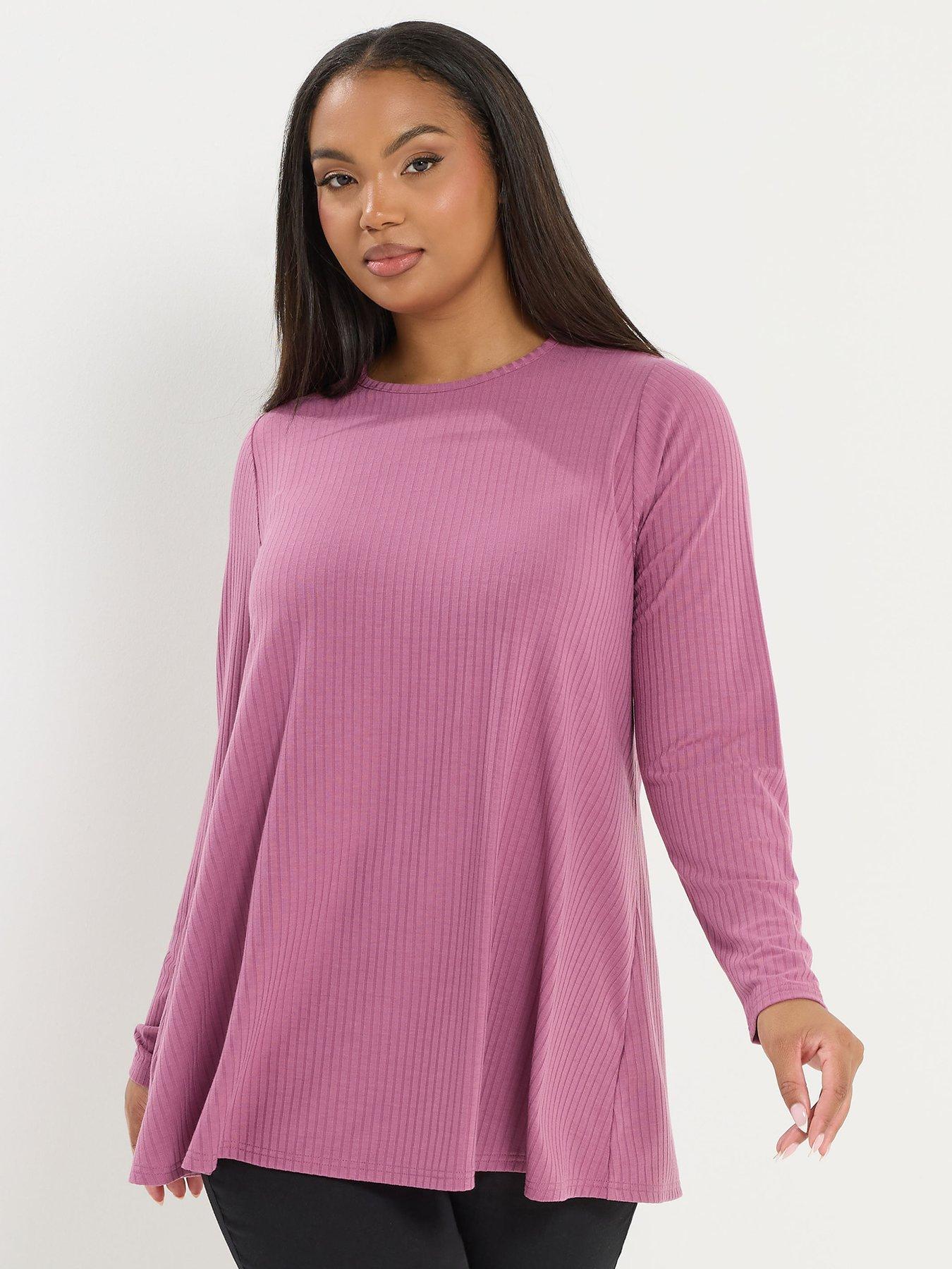 front image of yours-curve-long-sleeve-rib-swing-top-pink