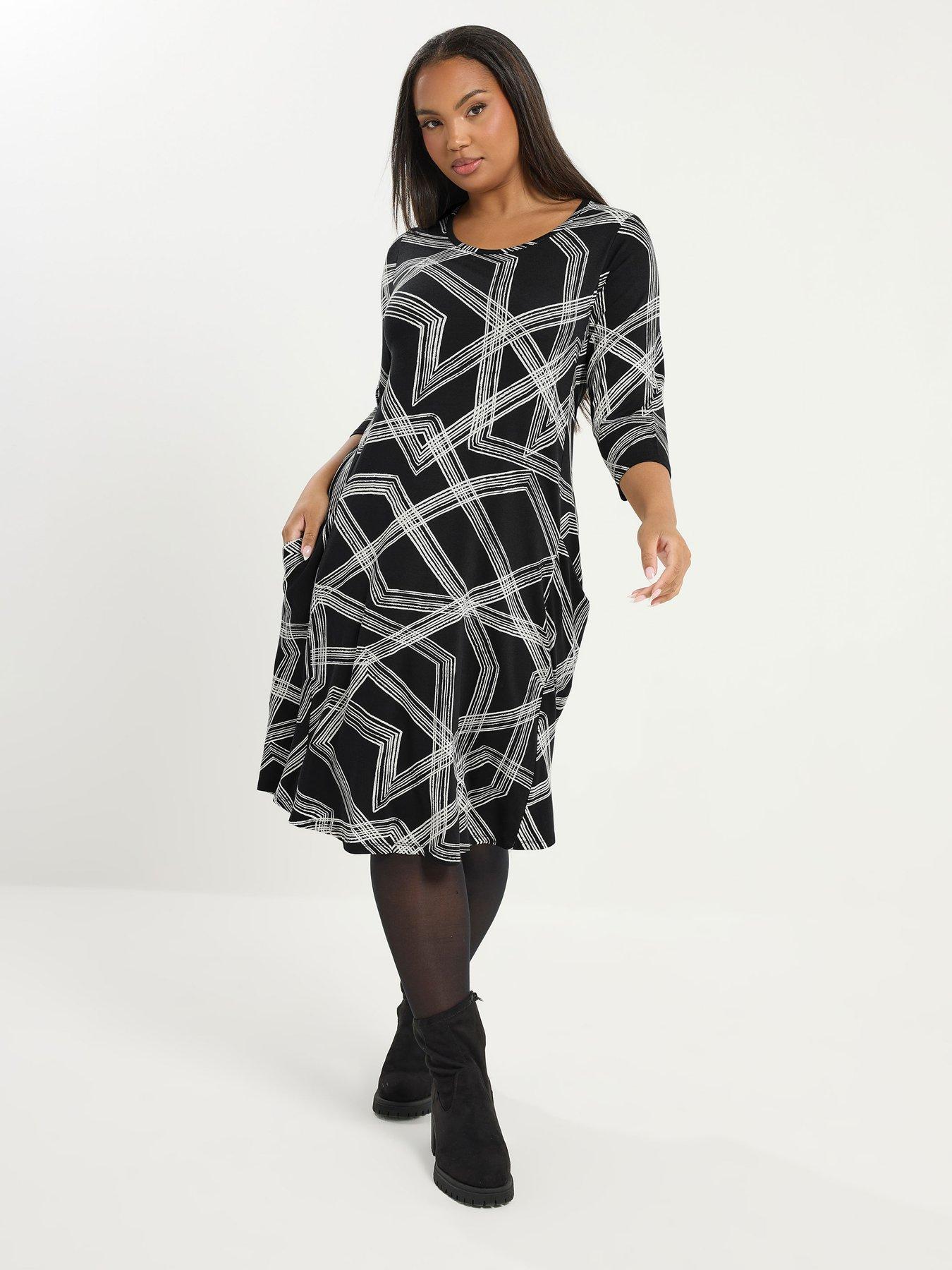 Yours Curve Geometric Drape Pocket Dress - Black