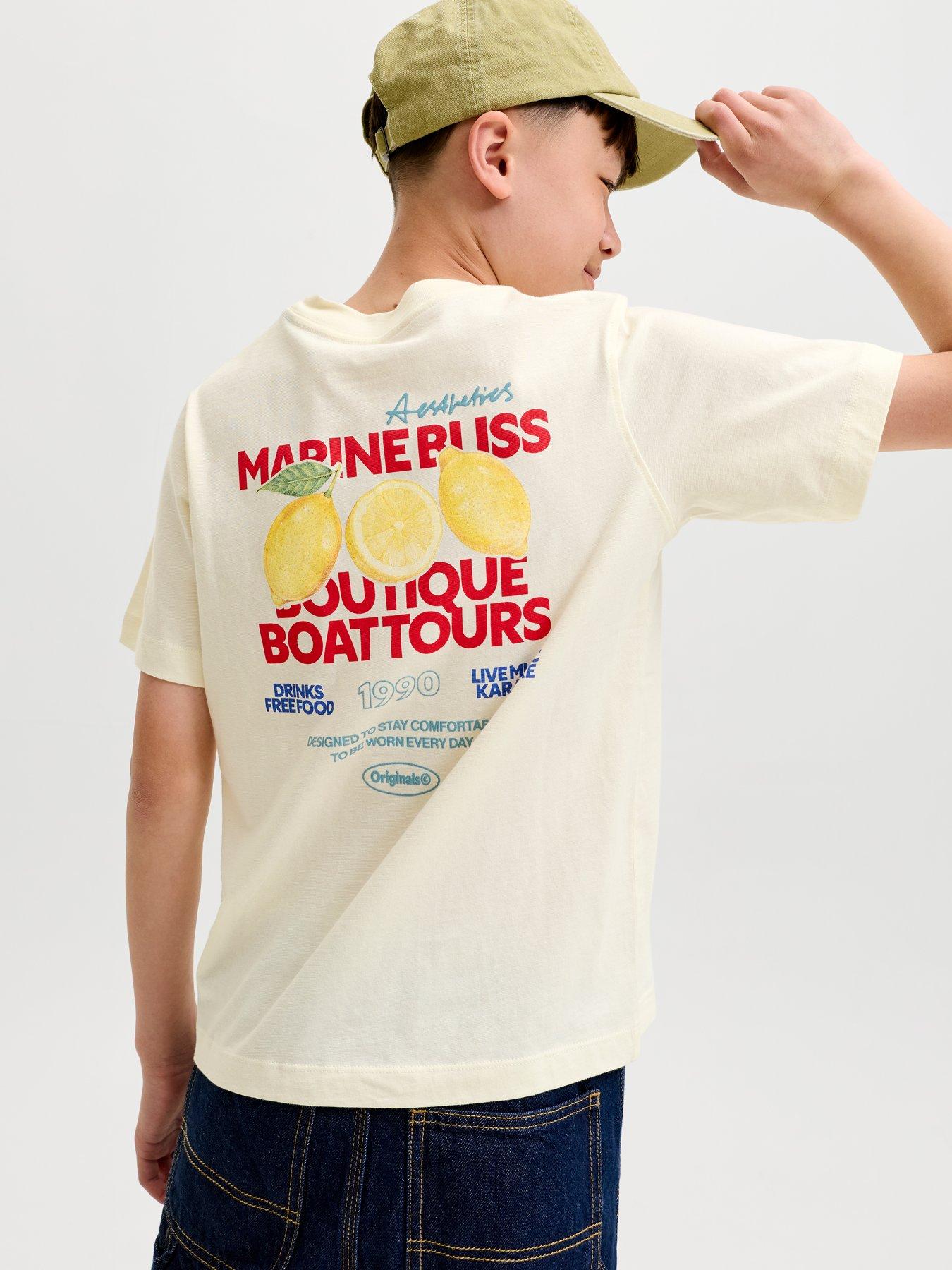 Jack & Jones Junior Boys Riviera Vintage Poster Back Short Sleeve T-shirt - Cream
