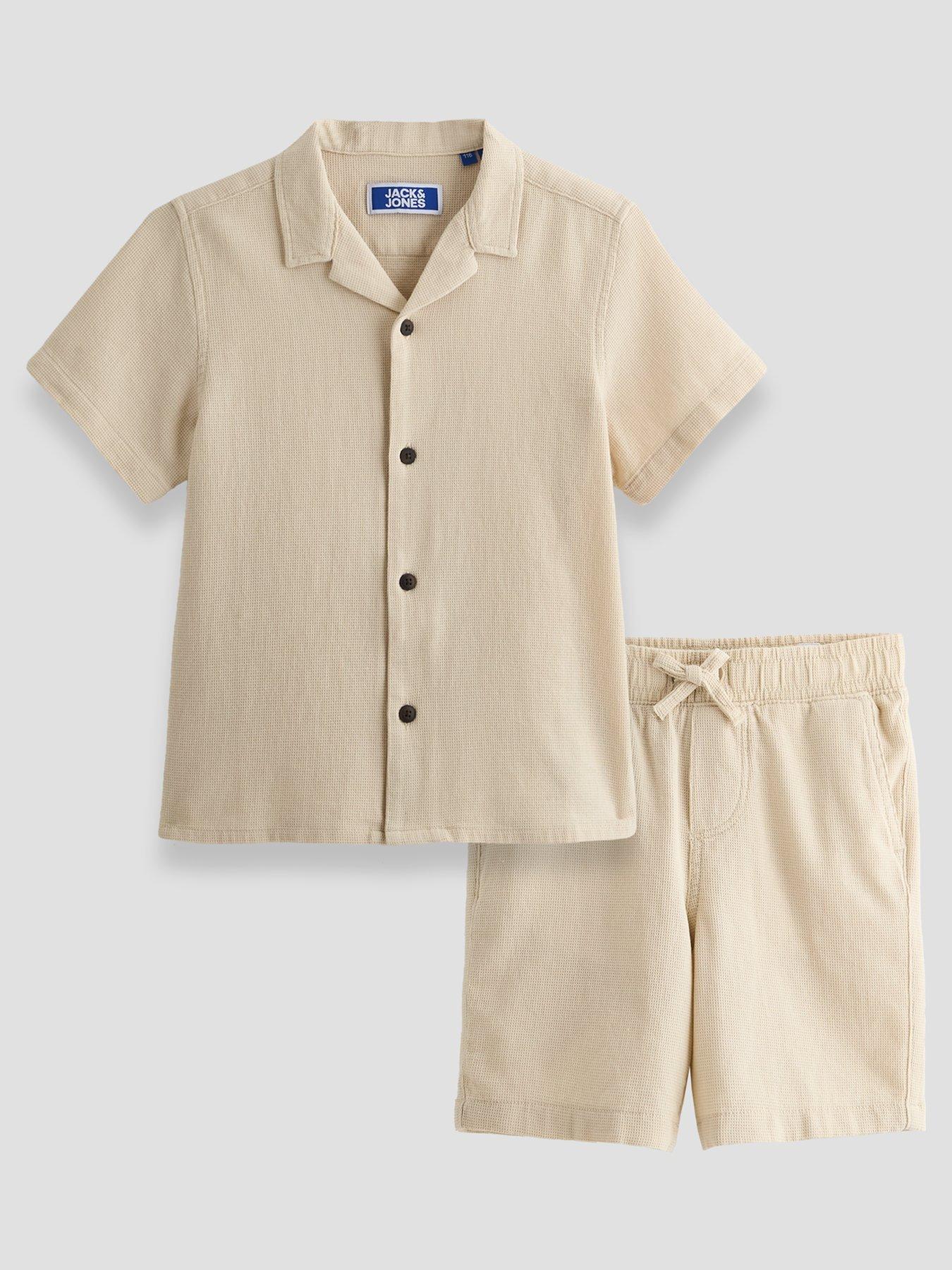 Jack & Jones Mini Younger Boys 2 Piece Waffle Shirt Shorts Set - Beige