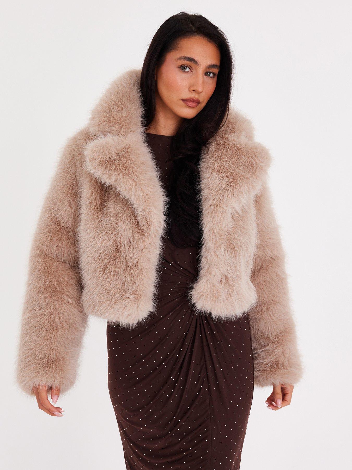Quiz Stone Faux Fur Cropped Jacket