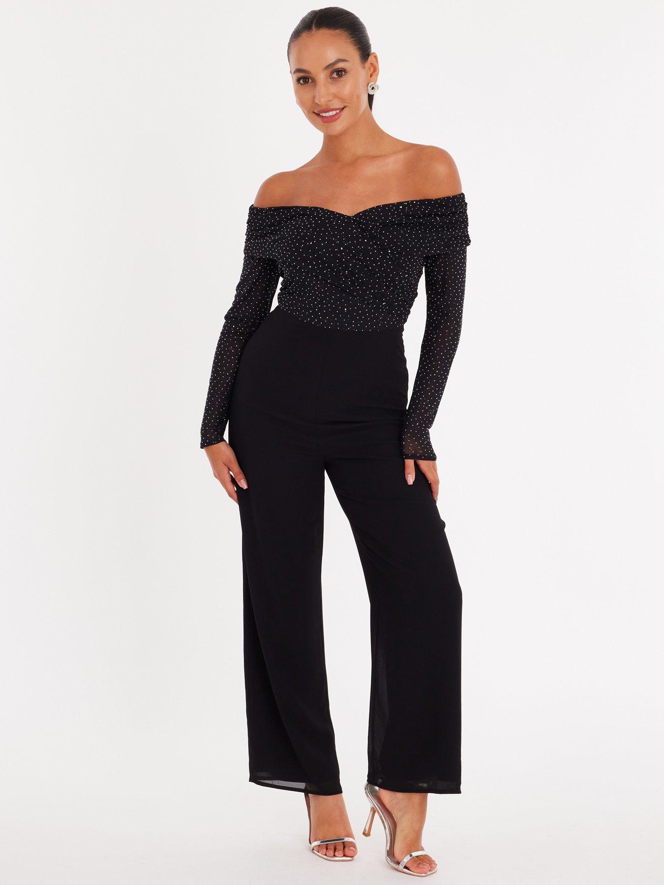 front image of quiz-petite-black-diamante-bardot-jumpsuit