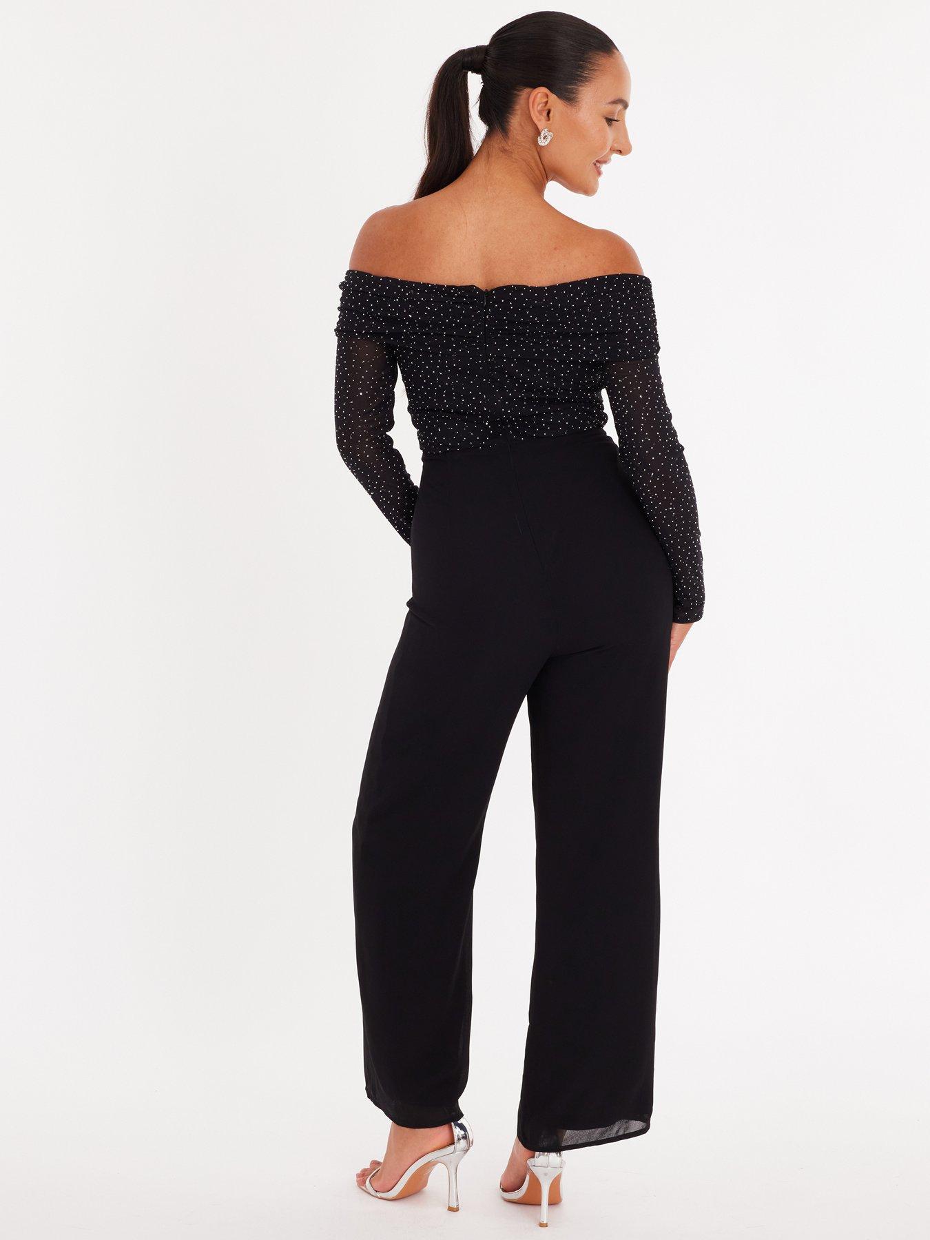  image of quiz-petite-black-diamante-bardot-jumpsuit