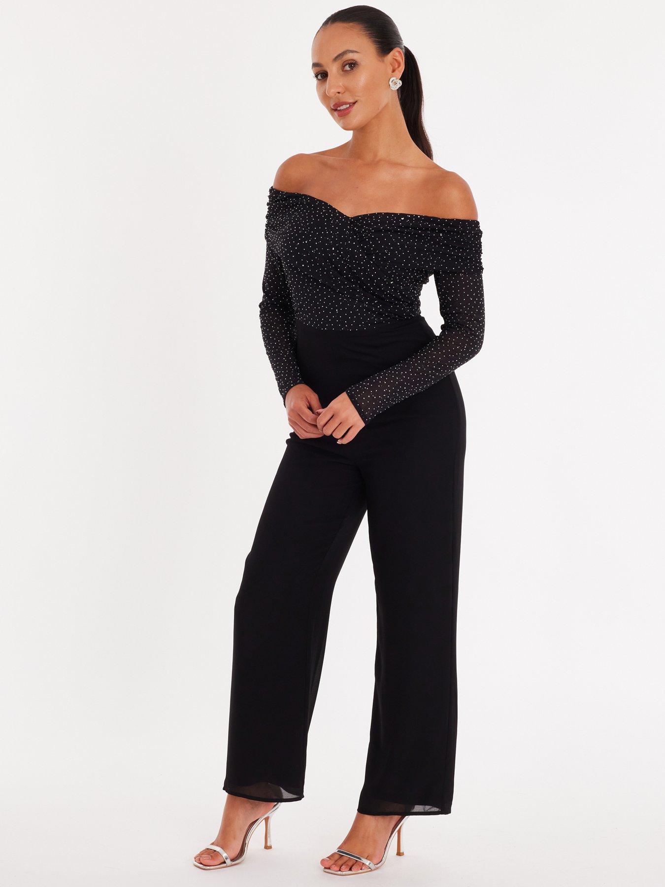  image of quiz-petite-black-diamante-bardot-jumpsuit