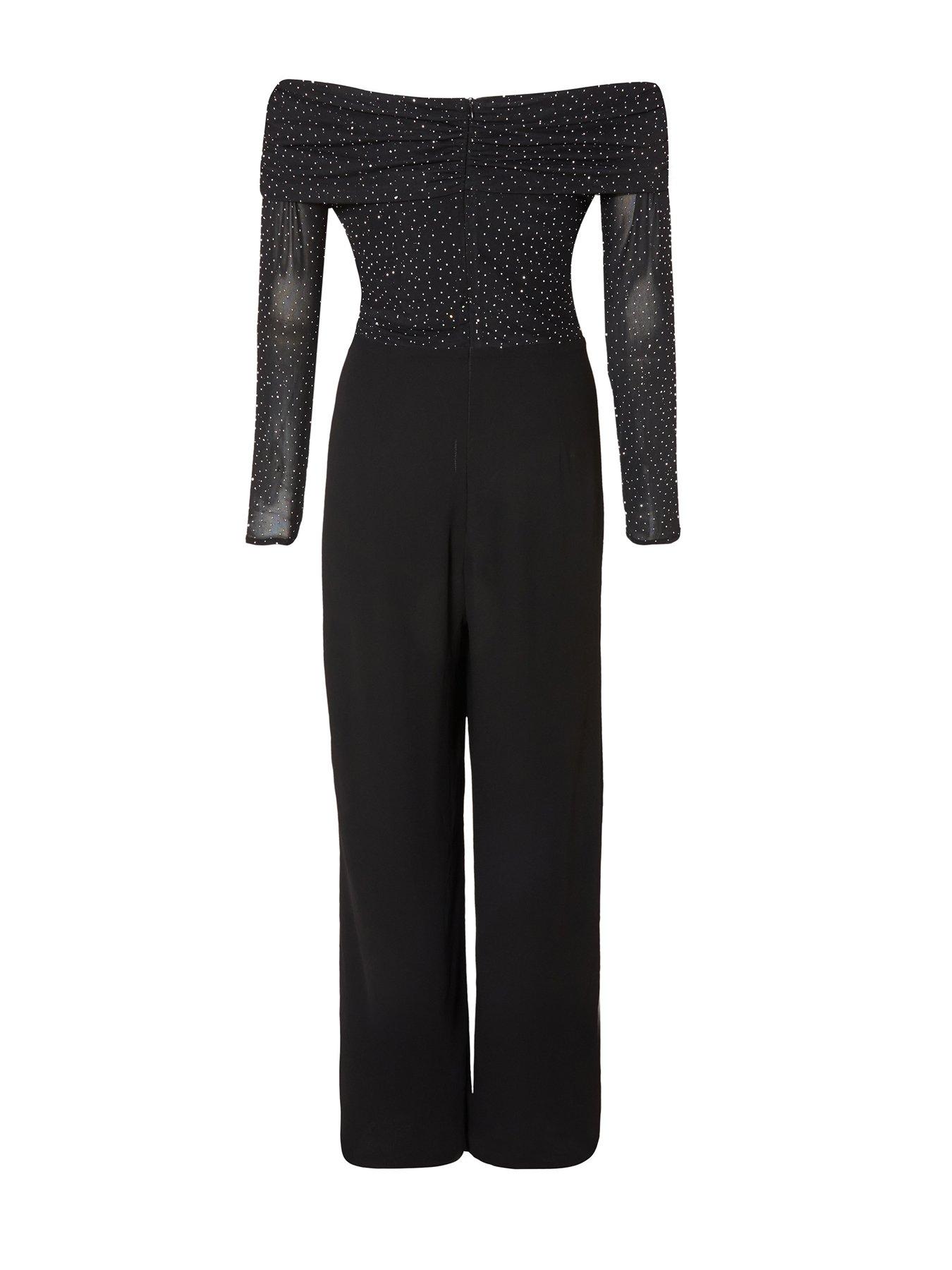 image of quiz-petite-black-diamante-bardot-jumpsuit