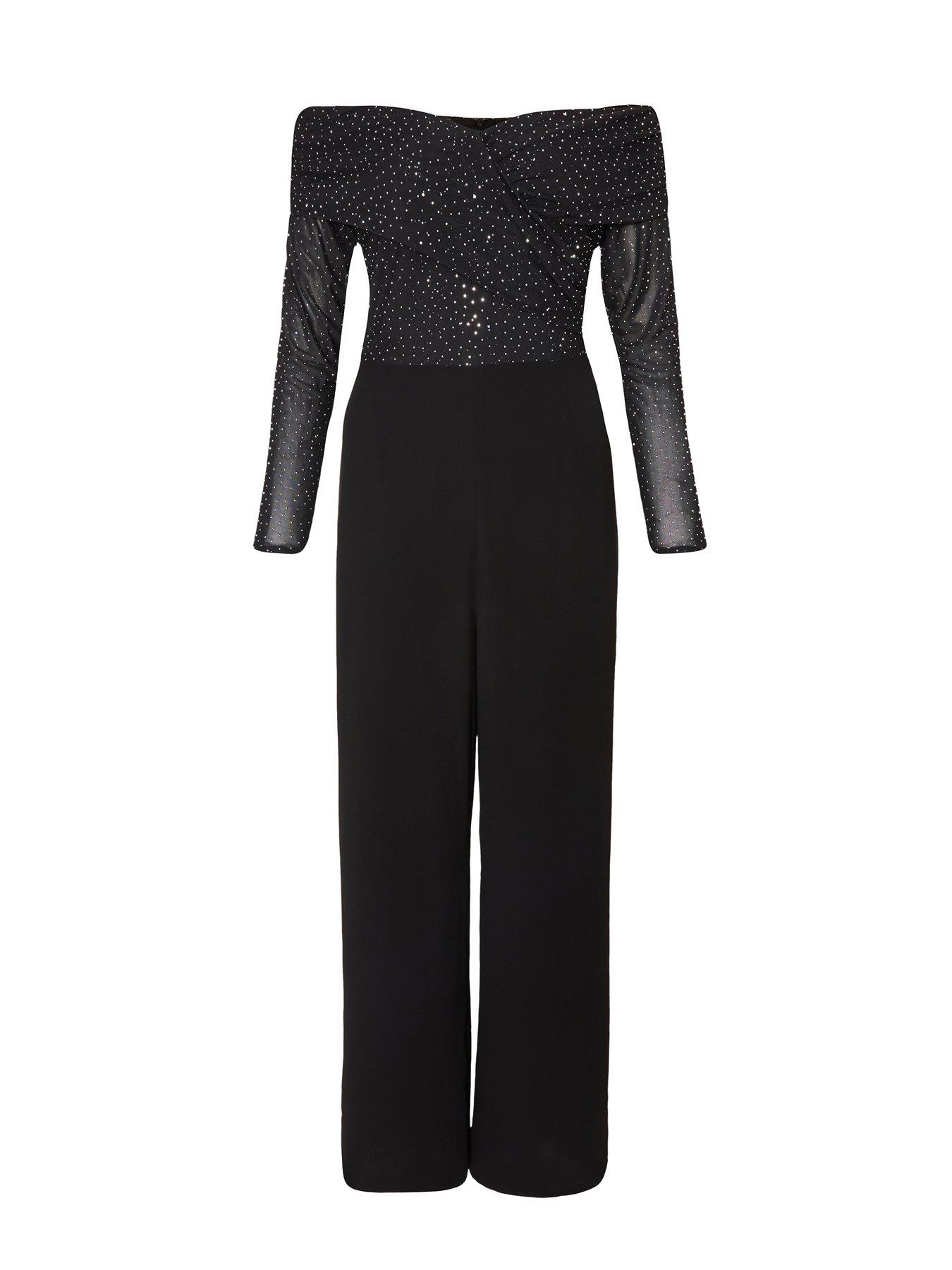  image of quiz-petite-black-diamante-bardot-jumpsuit