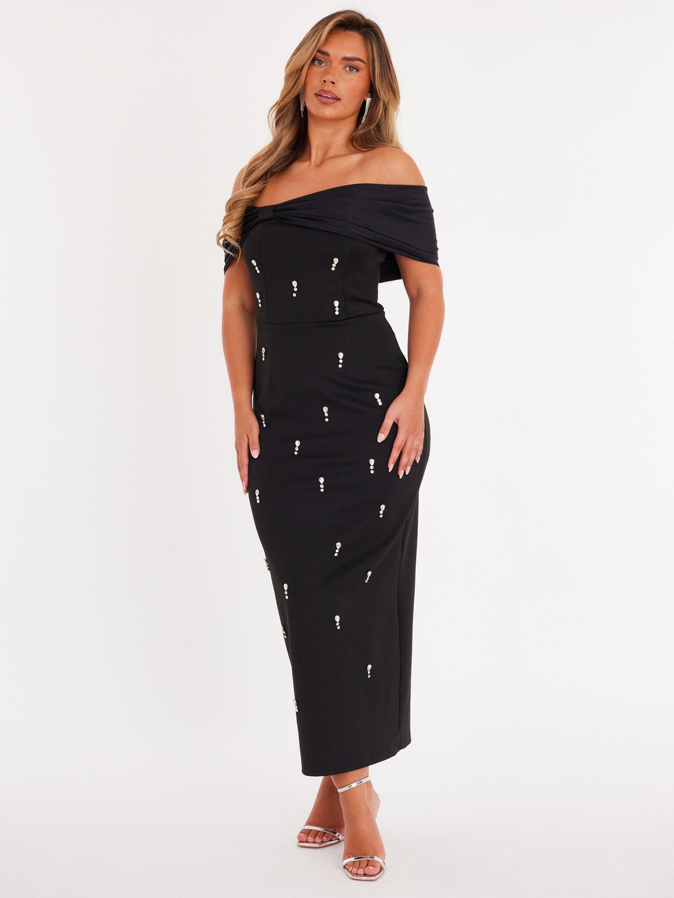  image of quiz-black-embellished-bardot-midaxi-dress