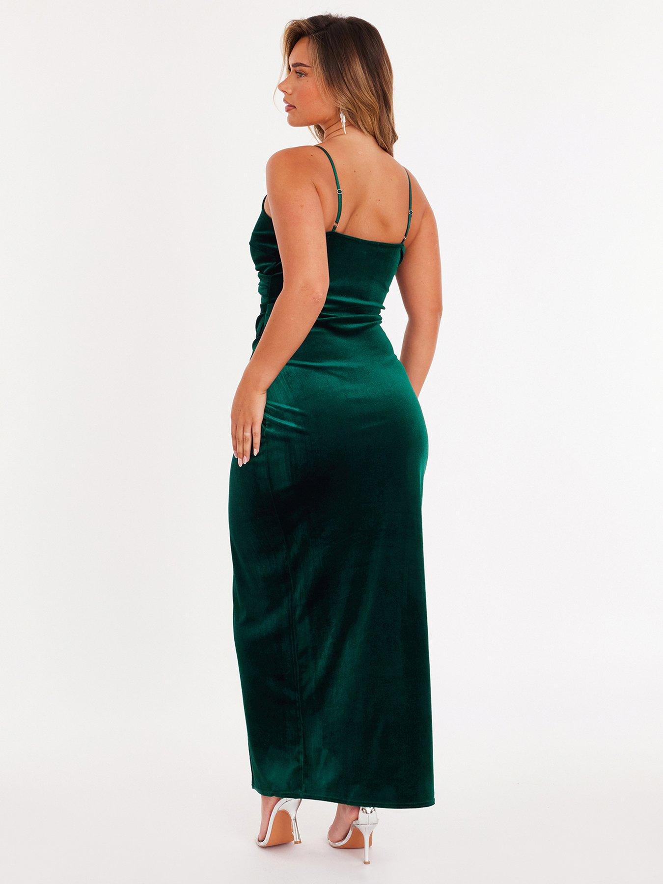  image of quiz-bottle-green-velvet-chain-strap-maxi-dress
