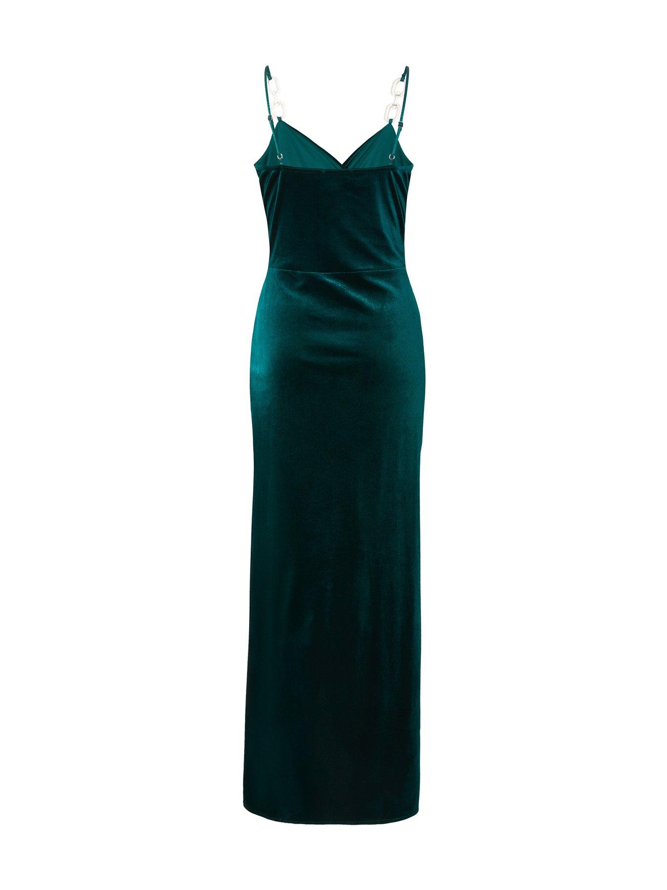  image of quiz-bottle-green-velvet-chain-strap-maxi-dress