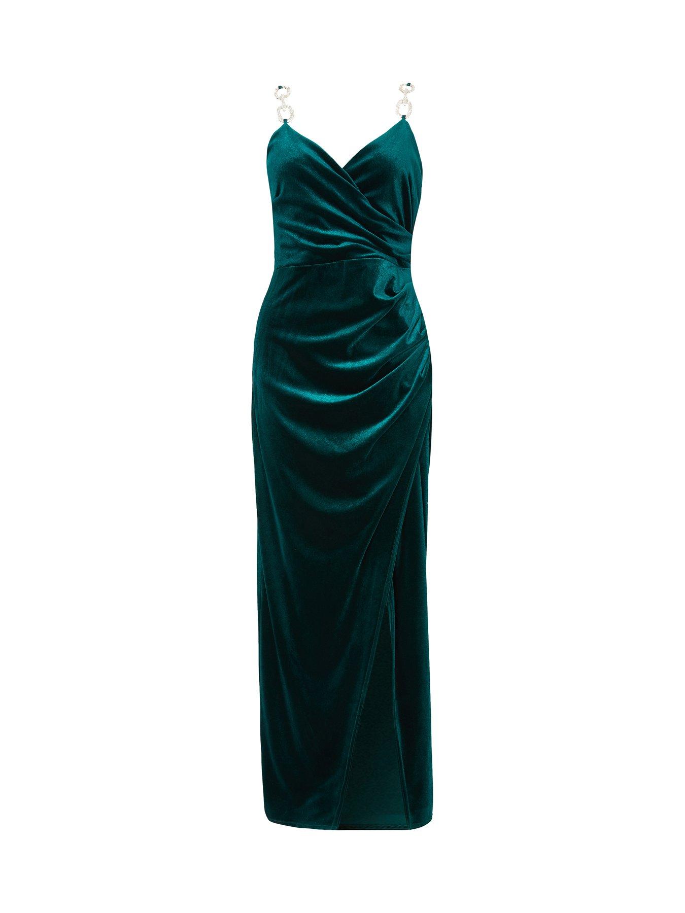  image of quiz-bottle-green-velvet-chain-strap-maxi-dress