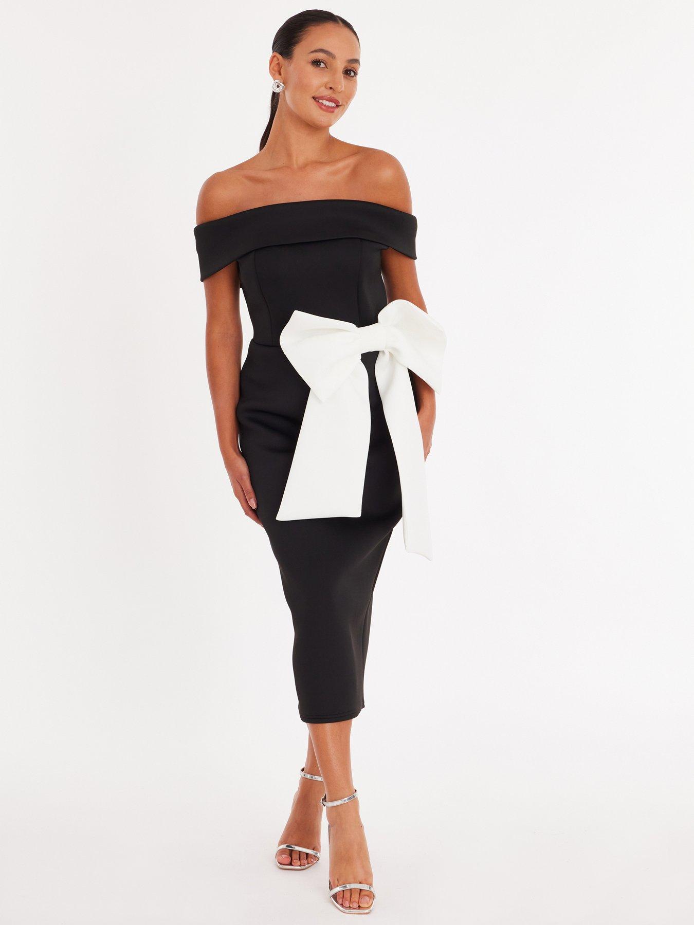  image of quiz-petite-black-oversized-bow-midi-dress