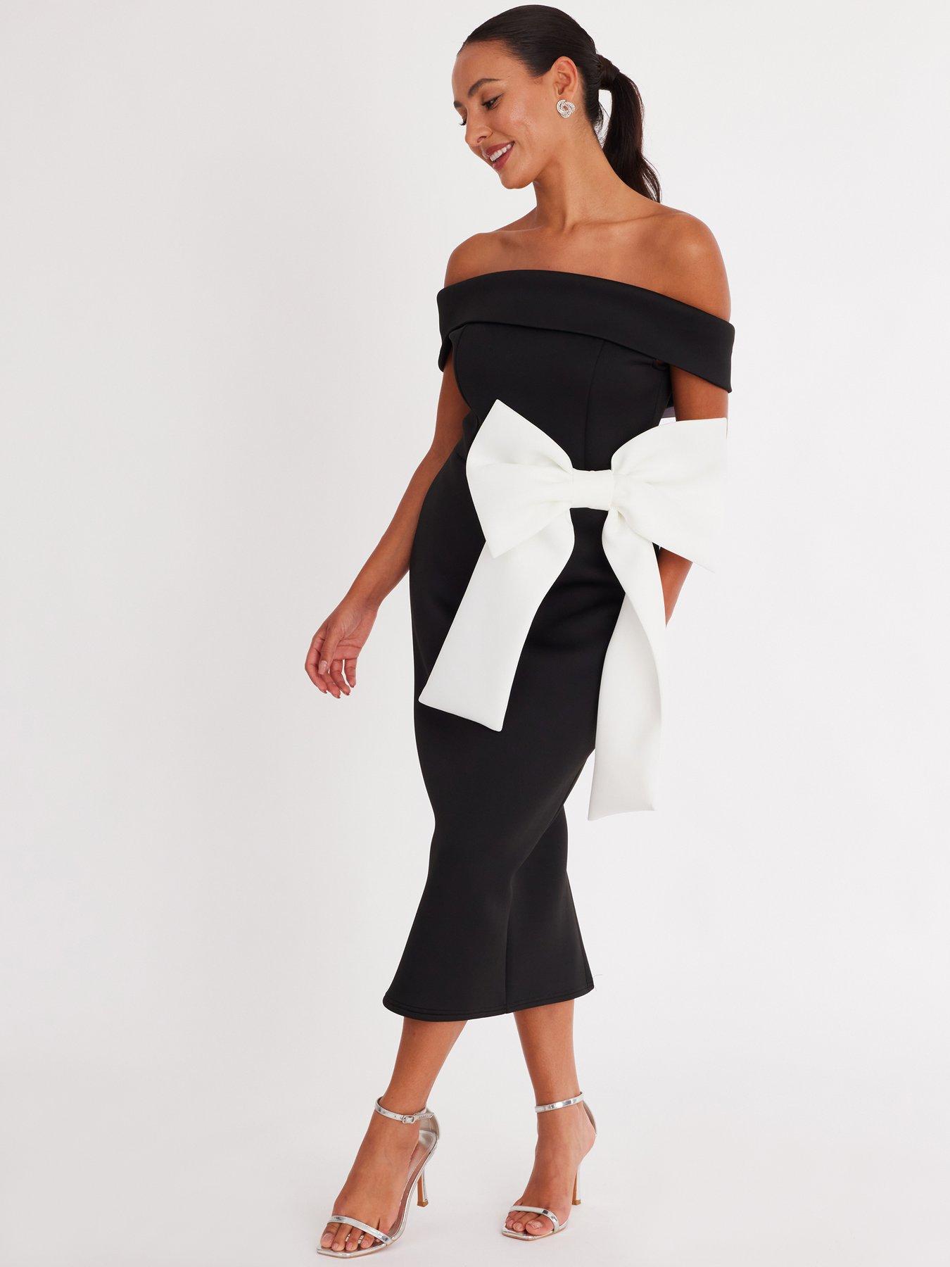  image of quiz-petite-black-oversized-bow-midi-dress