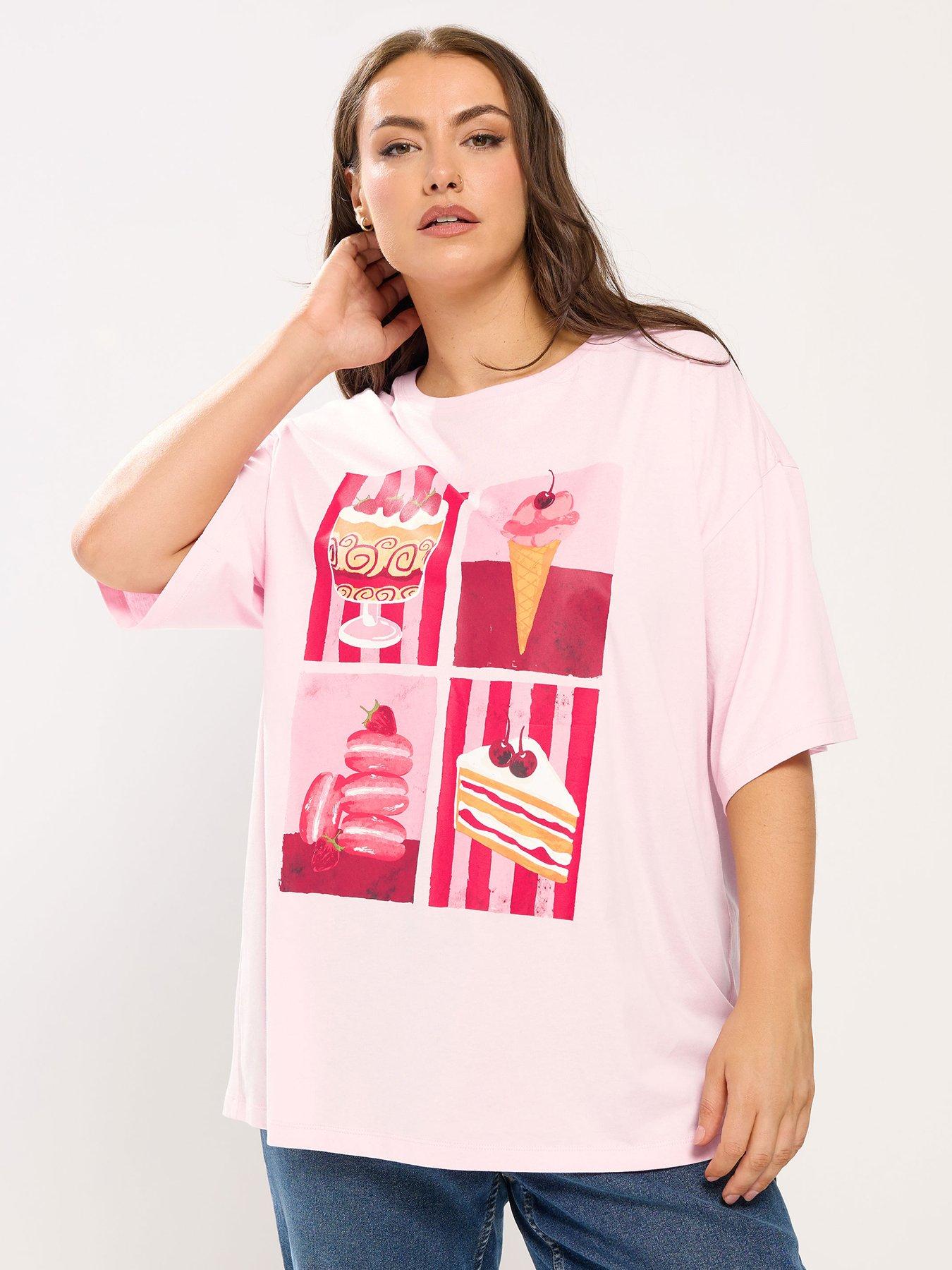 Image 1 of 5 of Yours Curve Relaxed Placement Treats T-shirt - Pink