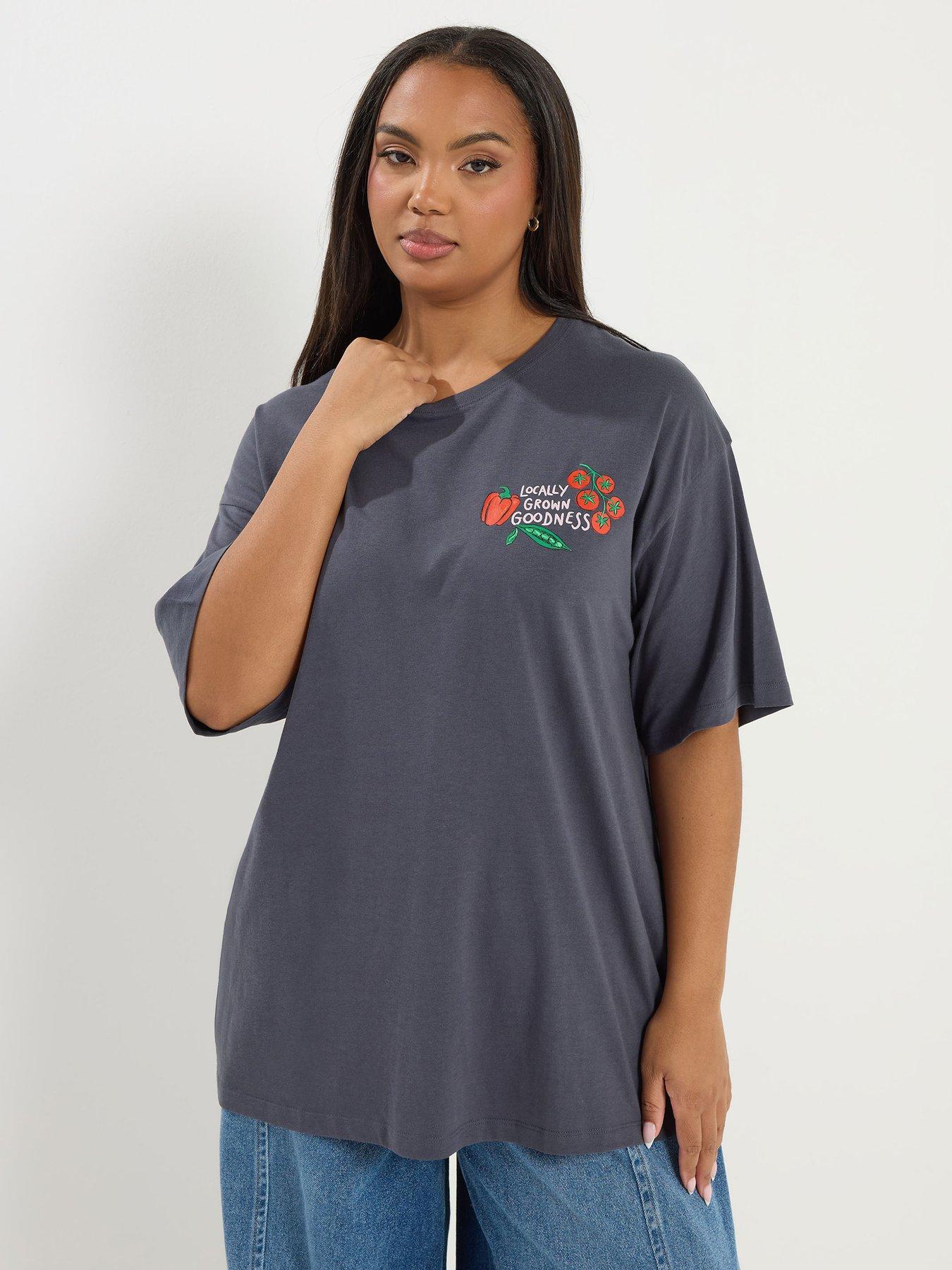 Yours Curve Relaxed Placement Garden T-shirt - Grey