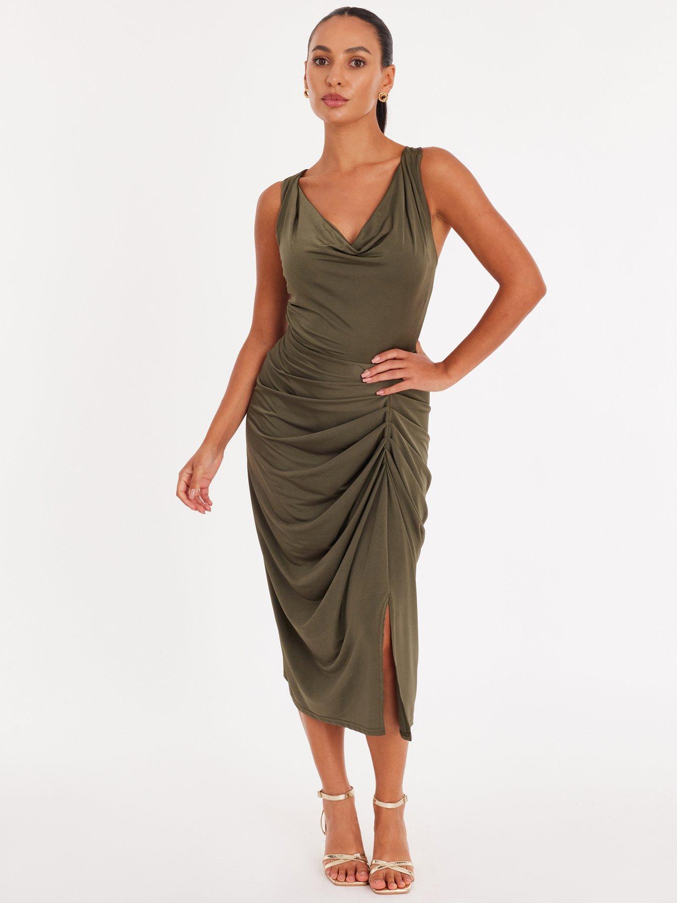  image of quiz-petite-khaki-cowl-neck-midi-dress