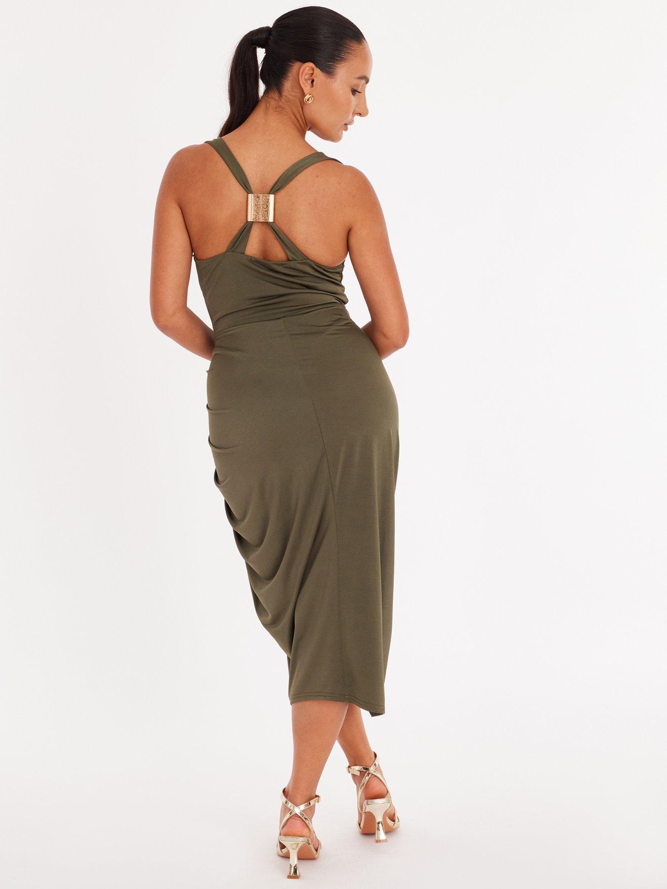  image of quiz-petite-khaki-cowl-neck-midi-dress