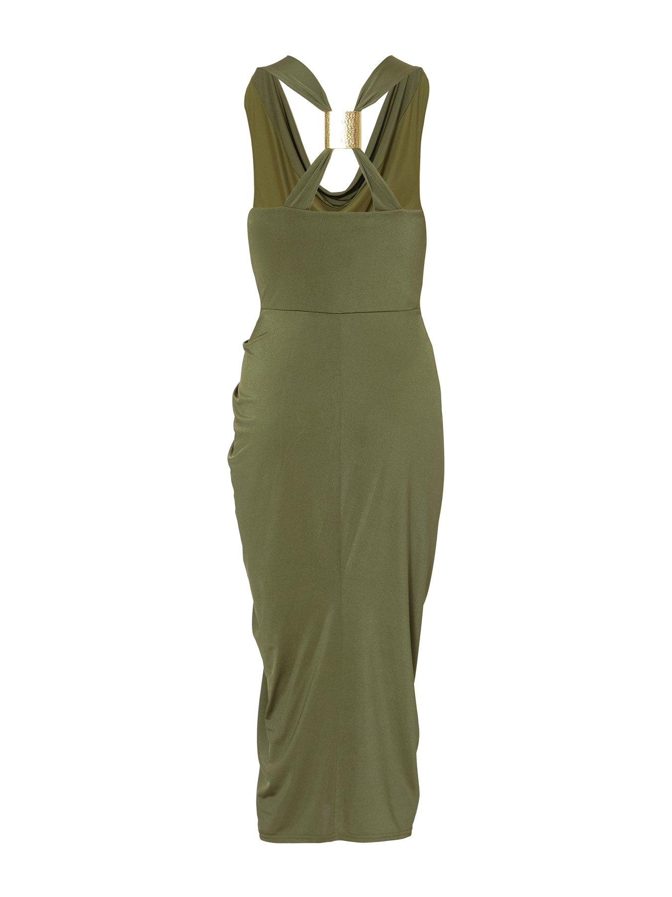  image of quiz-petite-khaki-cowl-neck-midi-dress