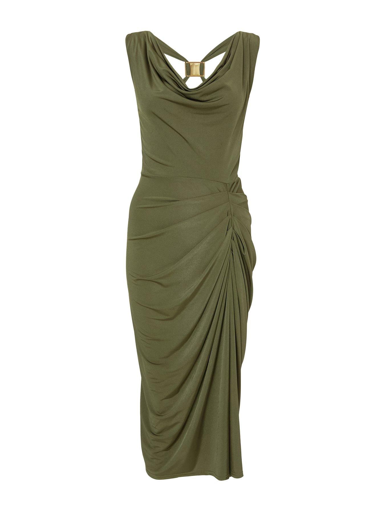  image of quiz-petite-khaki-cowl-neck-midi-dress