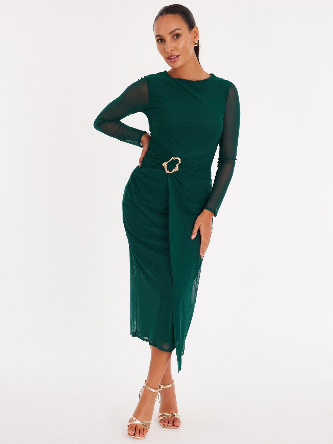  image of quiz-petite-bottle-green-mesh-buckle-midaxi-dress