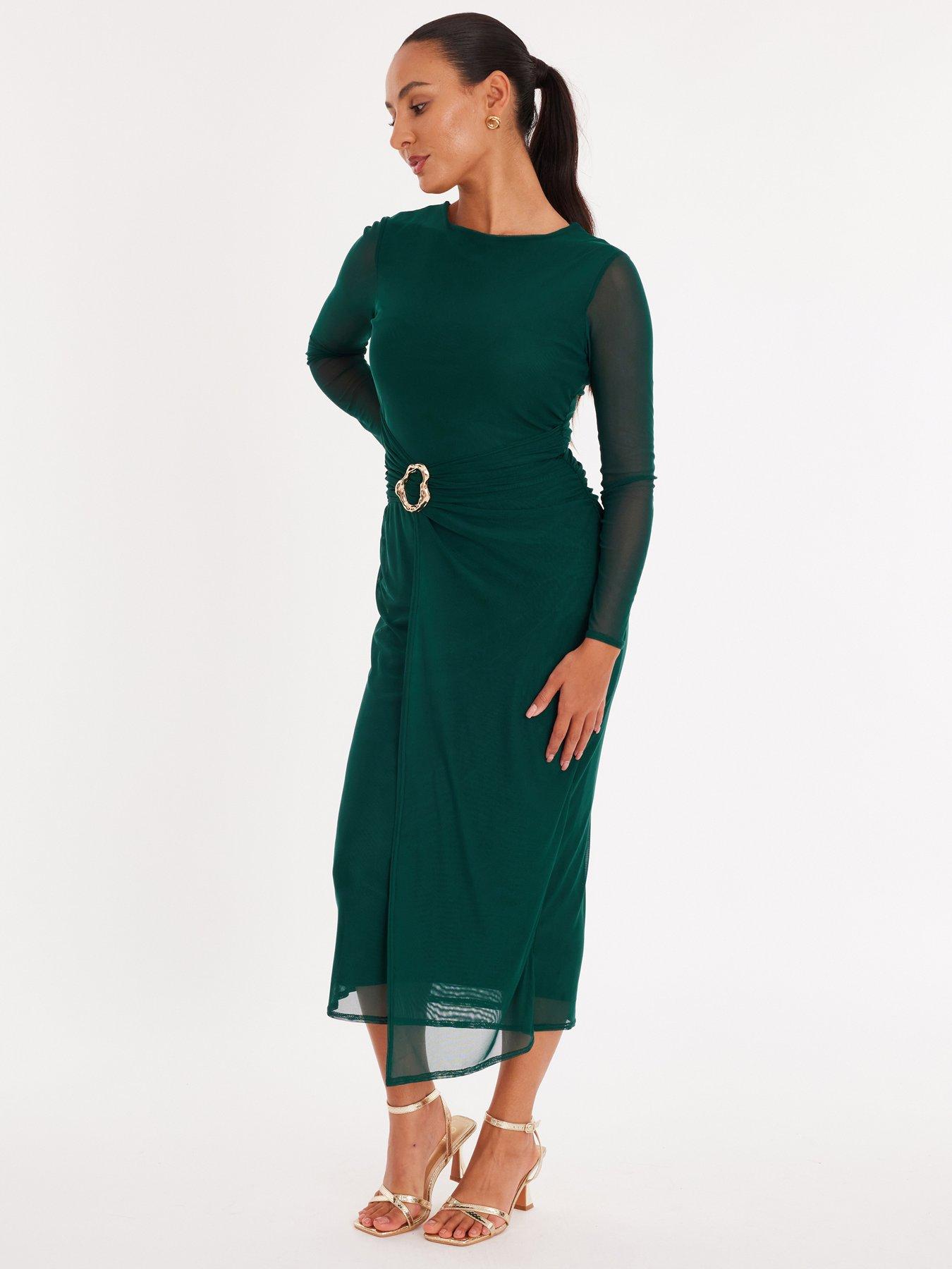  image of quiz-petite-bottle-green-mesh-buckle-midaxi-dress