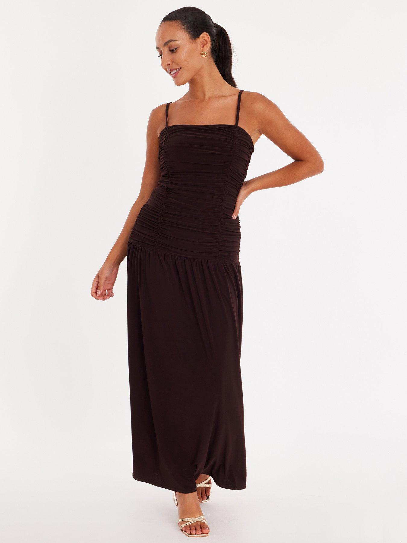  image of quiz-petite-brown-drop-waist-maxi-dress