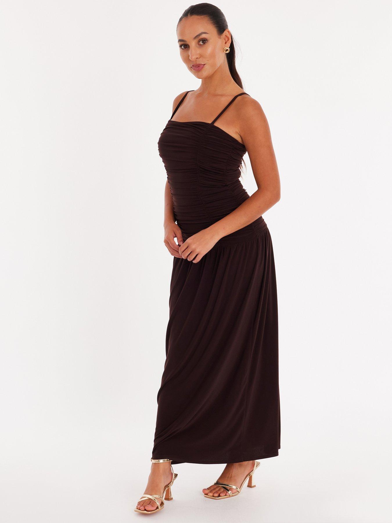  image of quiz-petite-brown-drop-waist-maxi-dress
