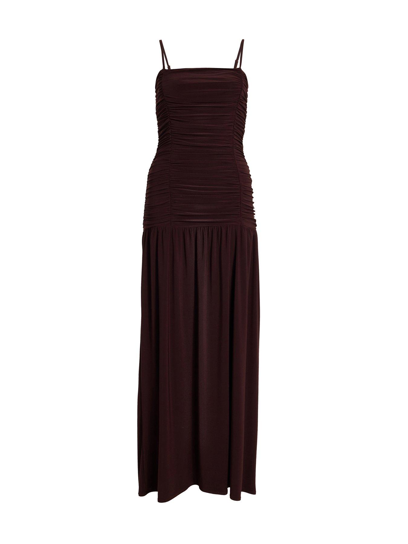  image of quiz-petite-brown-drop-waist-maxi-dress