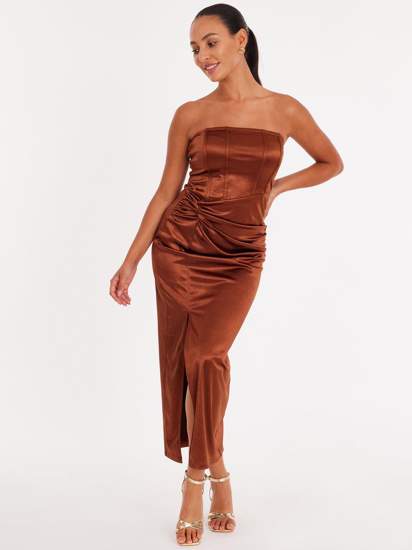  image of quiz-petite-brown-satin-corset-midaxi-dress