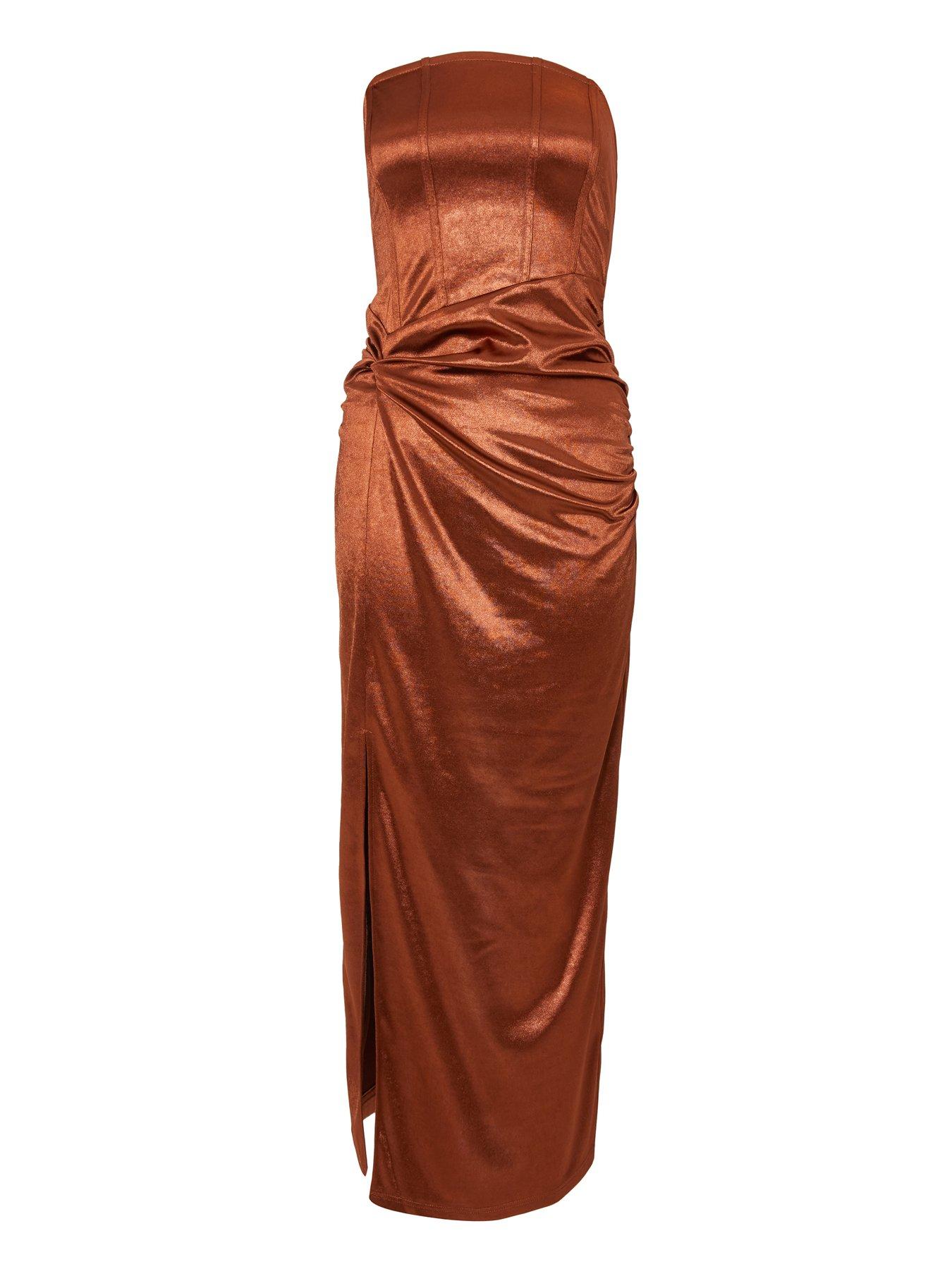  image of quiz-petite-brown-satin-corset-midaxi-dress