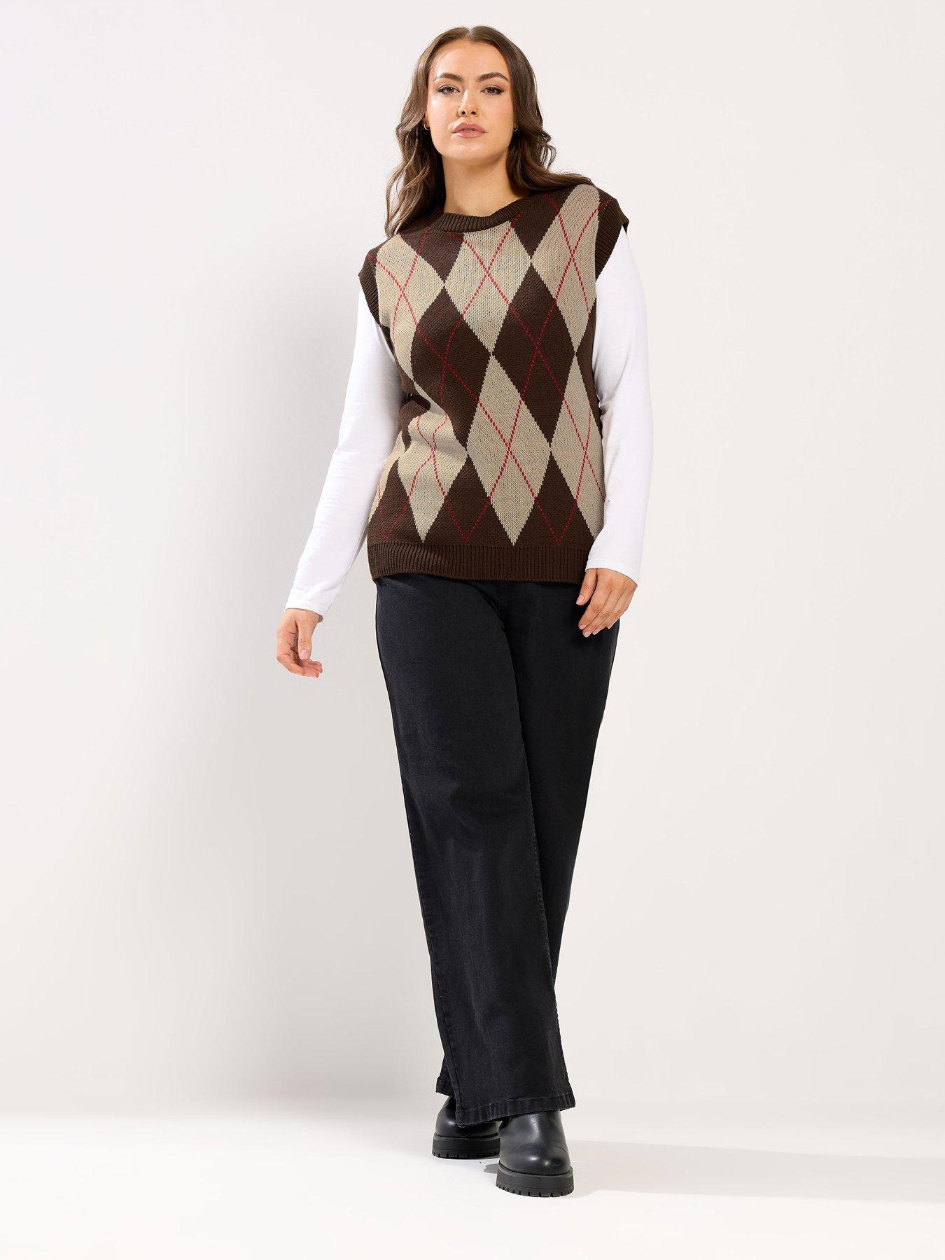Yours Curve Argyle Vest - Brown