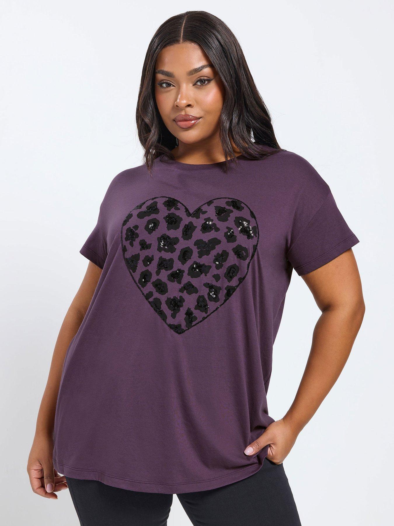 Image 1 of 5 of Yours Curve Core Placement Heart T-shirt - Purple