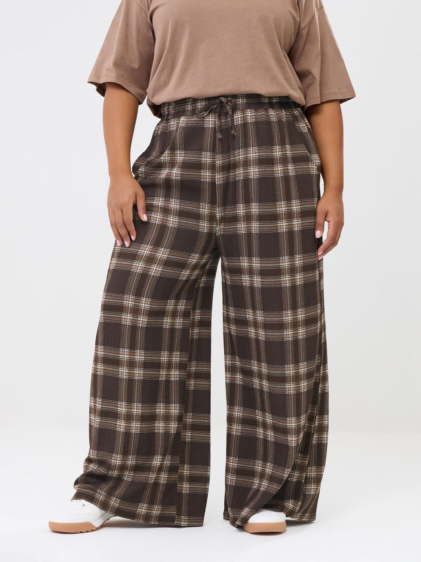 yours-curve-check-crinkle-wide-leg-trousers-brown